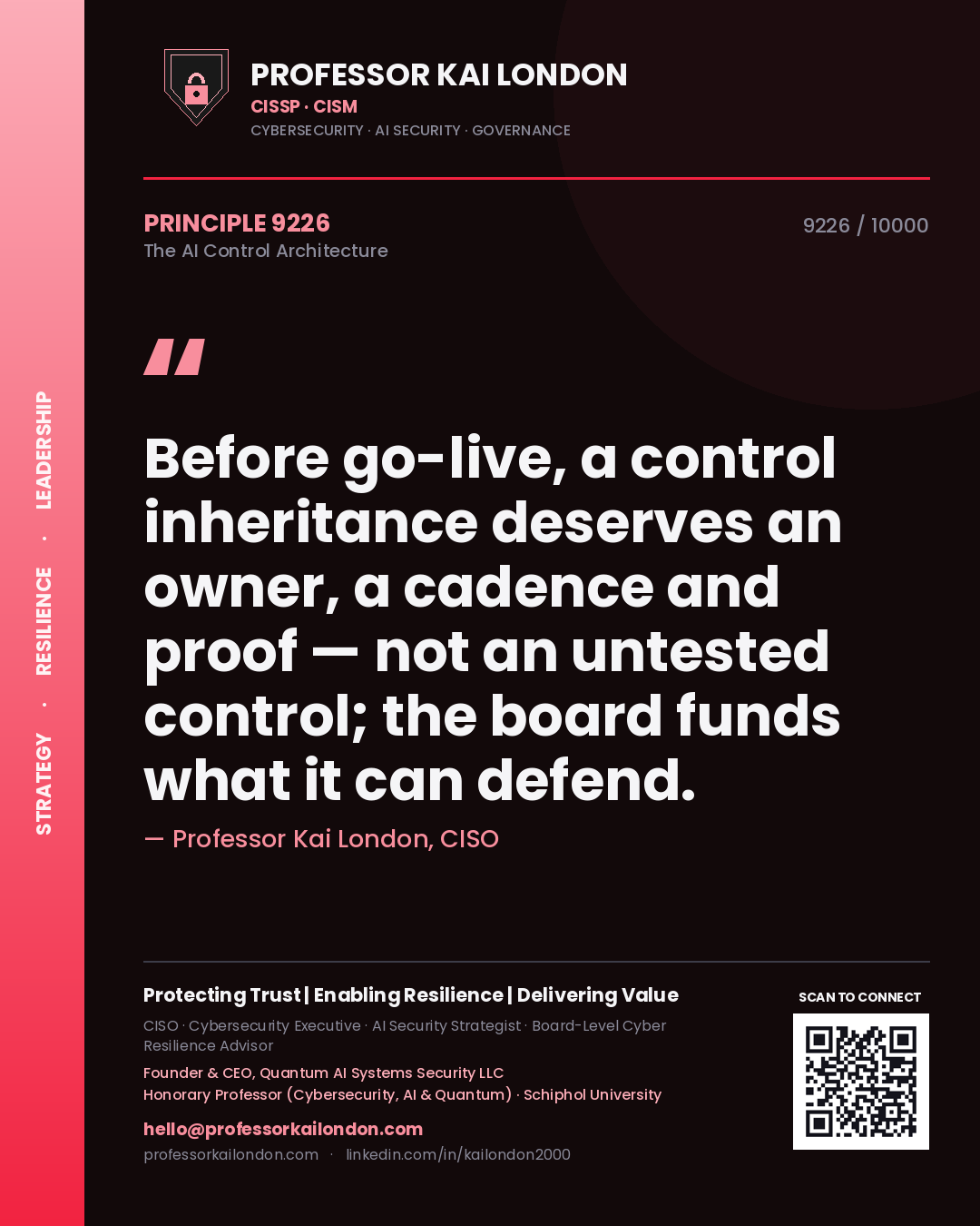 Professor Kai London principle 9226: Before go-live, a control inheritance deserves an owner, a cadence and proof — not an untested control; the board funds what it can defend.