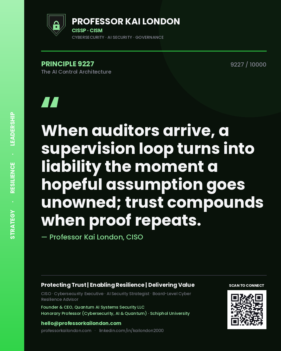 Quote card by Professor Kai London reading 'When auditors arrive, a supervision loop turns into liability the moment a hopeful assumption goes unowned; trust compounds when proof repeats.'. From the book The AI Control Architecture.