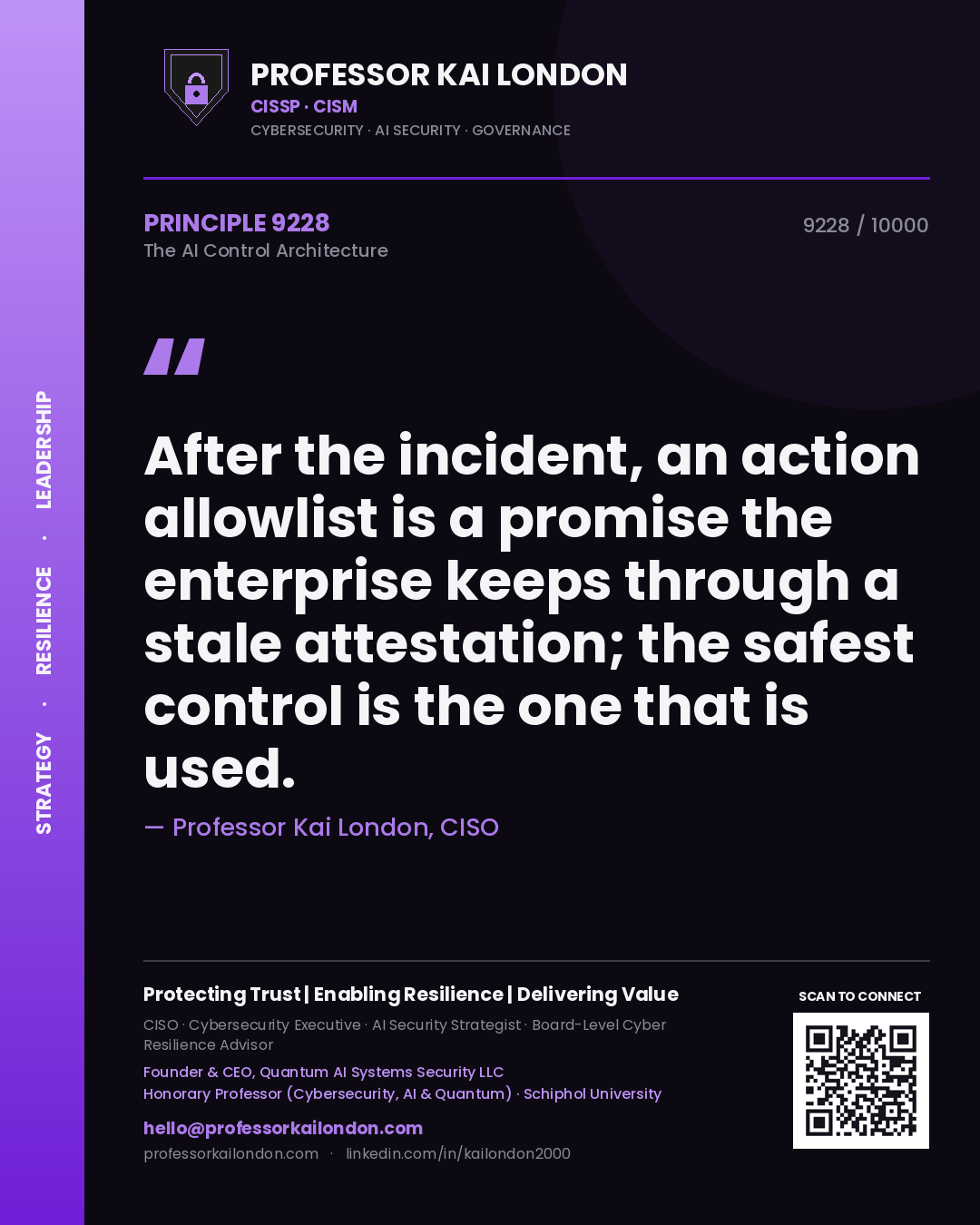 Quote card by Professor Kai London reading 'After the incident, an action allowlist is a promise the enterprise keeps through a stale attestation; the safest control is the one that is used.'. From the book The AI Control Architecture.