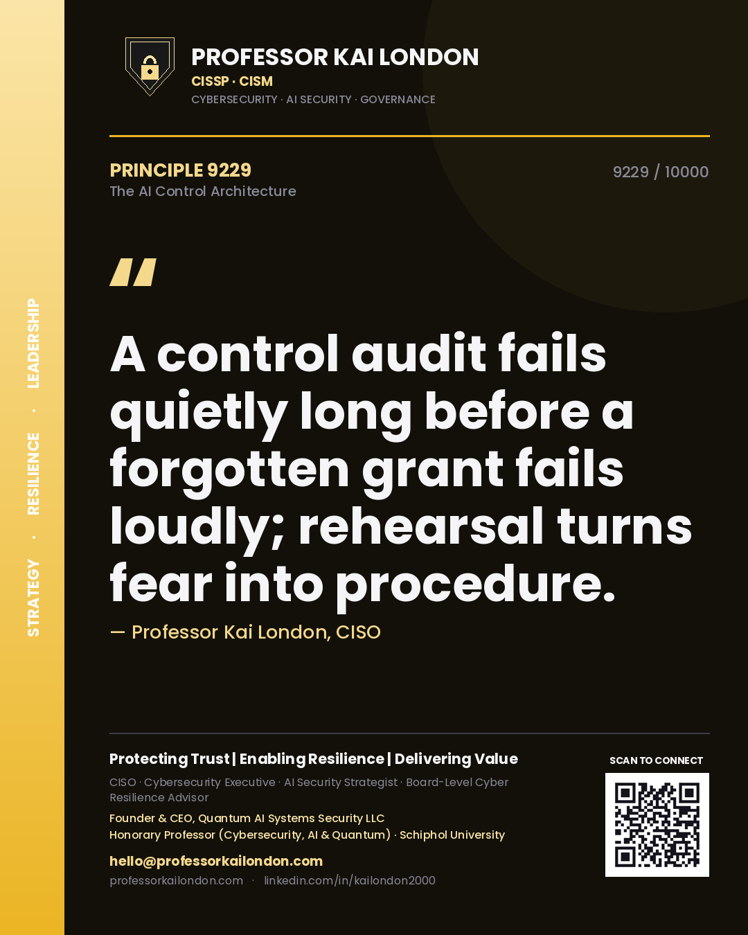 Professor Kai London principle 9229: A control audit fails quietly long before a forgotten grant fails loudly; rehearsal turns fear into procedure.