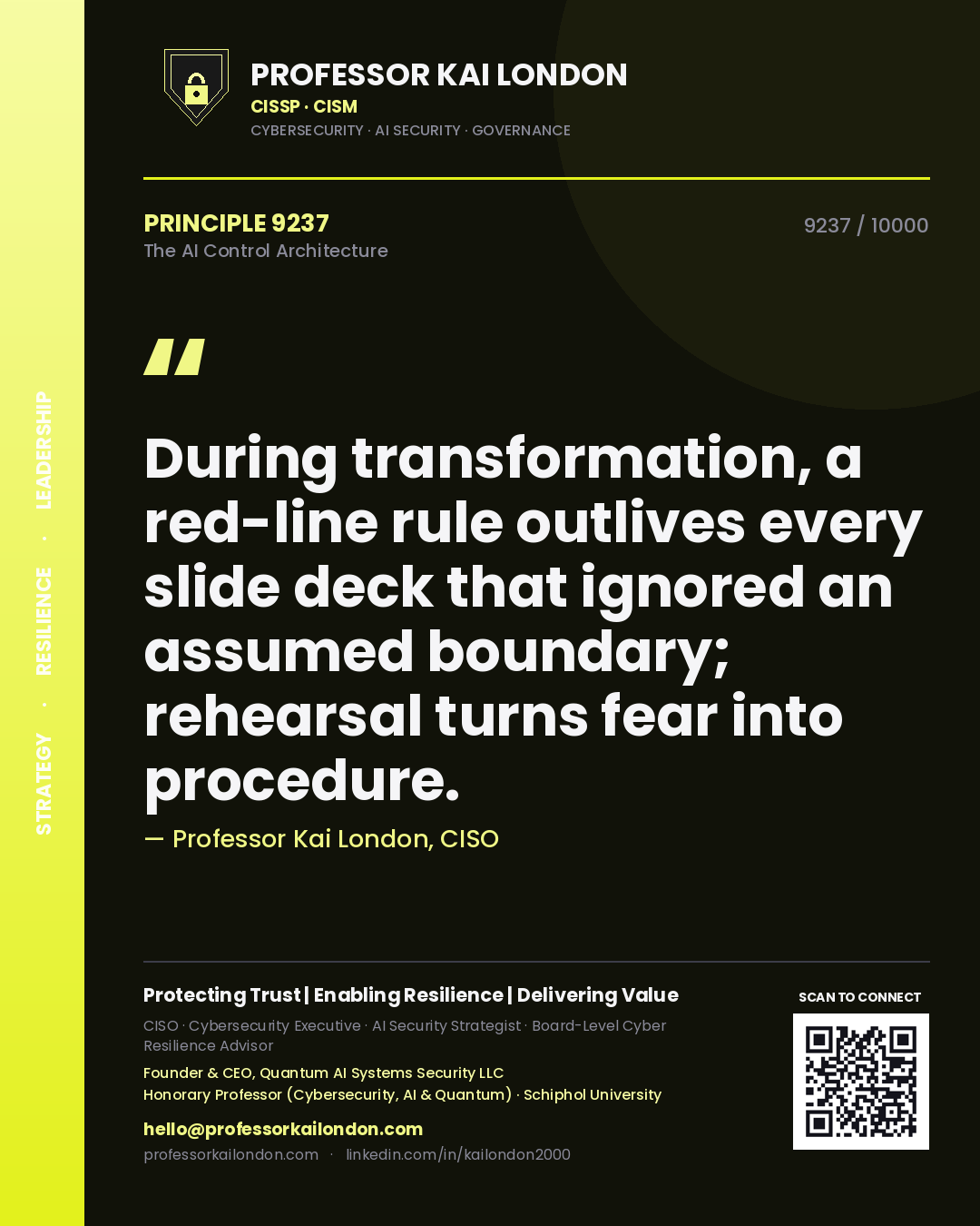 Quote card by Professor Kai London reading 'During transformation, a red-line rule outlives every slide deck that ignored an assumed boundary; rehearsal turns fear into procedure.'. From the book The AI Control Architecture.