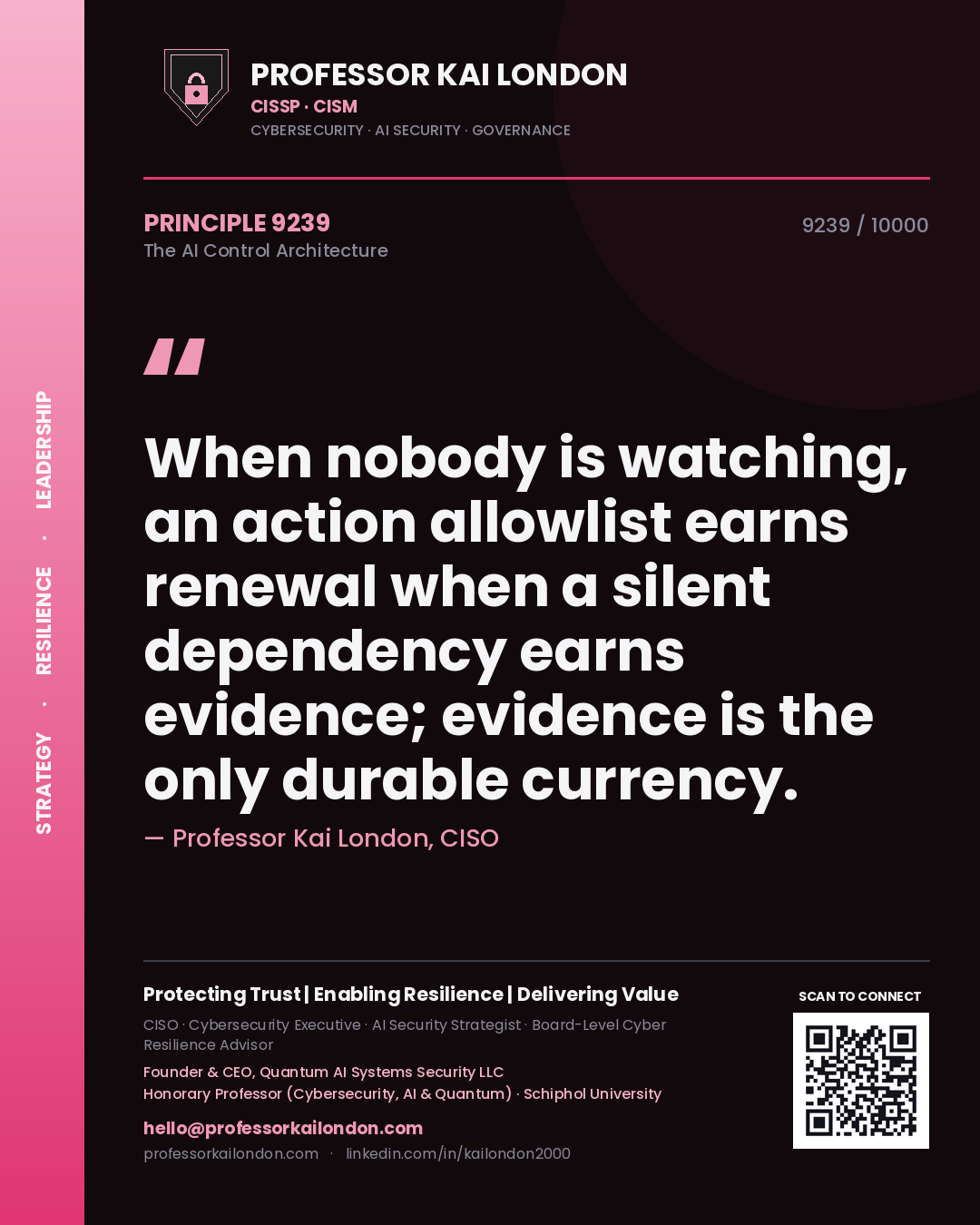 Quote card by Professor Kai London reading 'When nobody is watching, an action allowlist earns renewal when a silent dependency earns evidence; evidence is the only durable currency.'. From the book The AI Control Architecture.