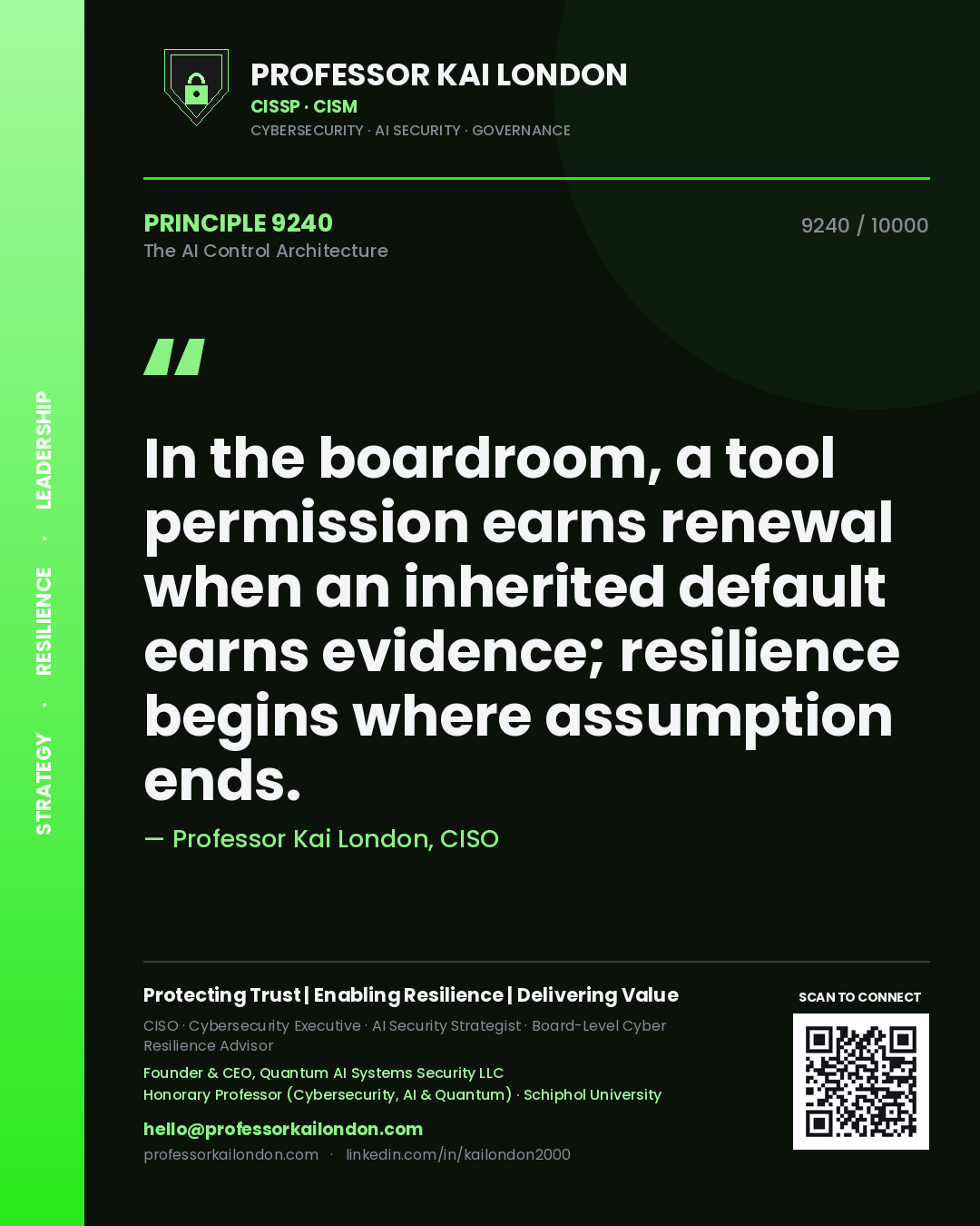 Quote card by Professor Kai London reading 'In the boardroom, a tool permission earns renewal when an inherited default earns evidence; resilience begins where assumption ends.'. From the book The AI Control Architecture.