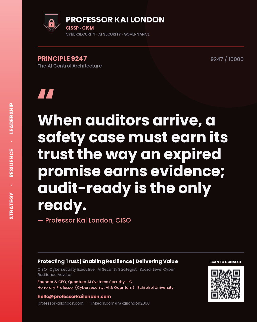 Professor Kai London principle 9247: When auditors arrive, a safety case must earn its trust the way an expired promise earns evidence; audit-ready is the only ready.