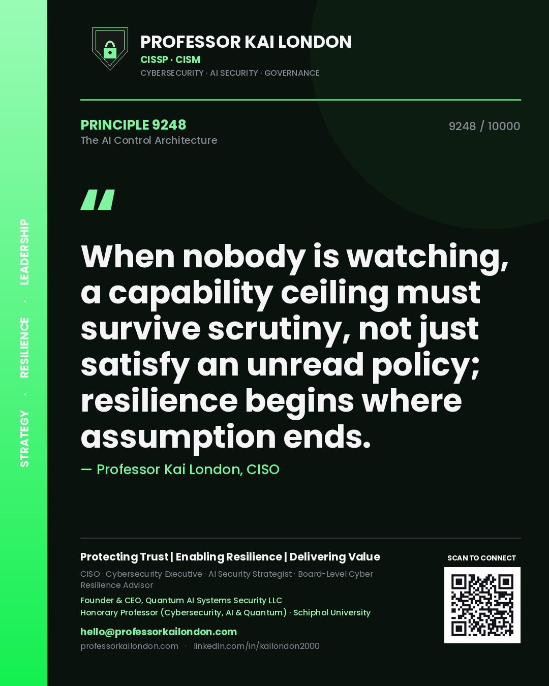 Quote card by Professor Kai London reading 'When nobody is watching, a capability ceiling must survive scrutiny, not just satisfy an unread policy; resilience begins where assumption ends.'. From the book The AI Control Architecture.