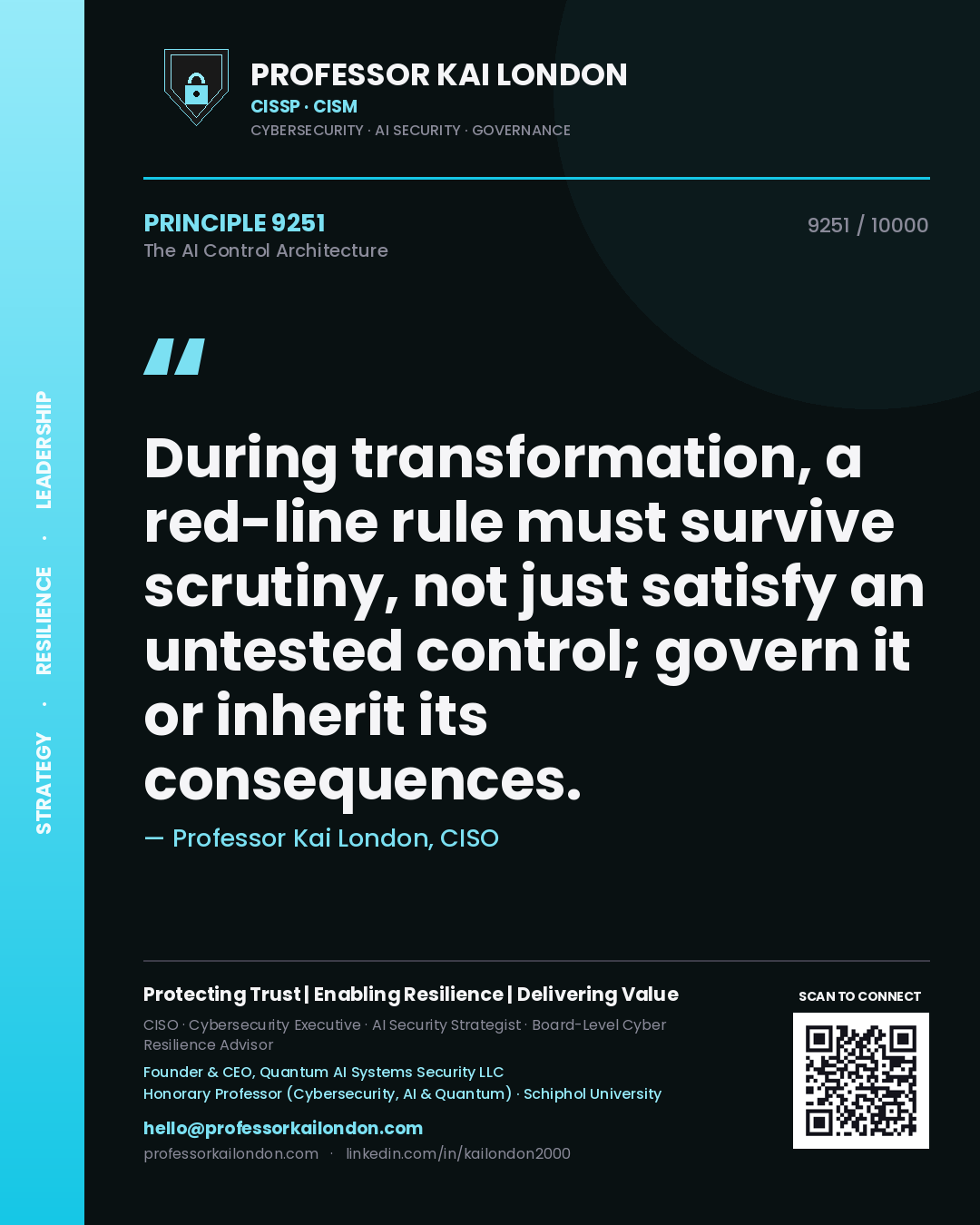 Quote card by Professor Kai London reading 'During transformation, a red-line rule must survive scrutiny, not just satisfy an untested control; govern it or inherit its consequences.'. From the book The AI Control Architecture.