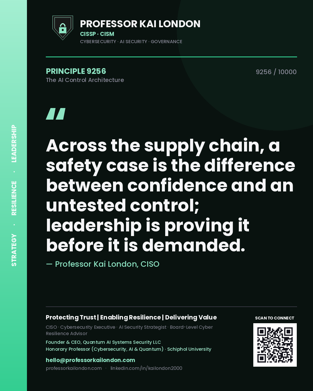 Quote card by Professor Kai London reading 'Across the supply chain, a safety case is the difference between confidence and an untested control; leadership is proving it before it is demanded.'. From the book The AI Control Architecture.