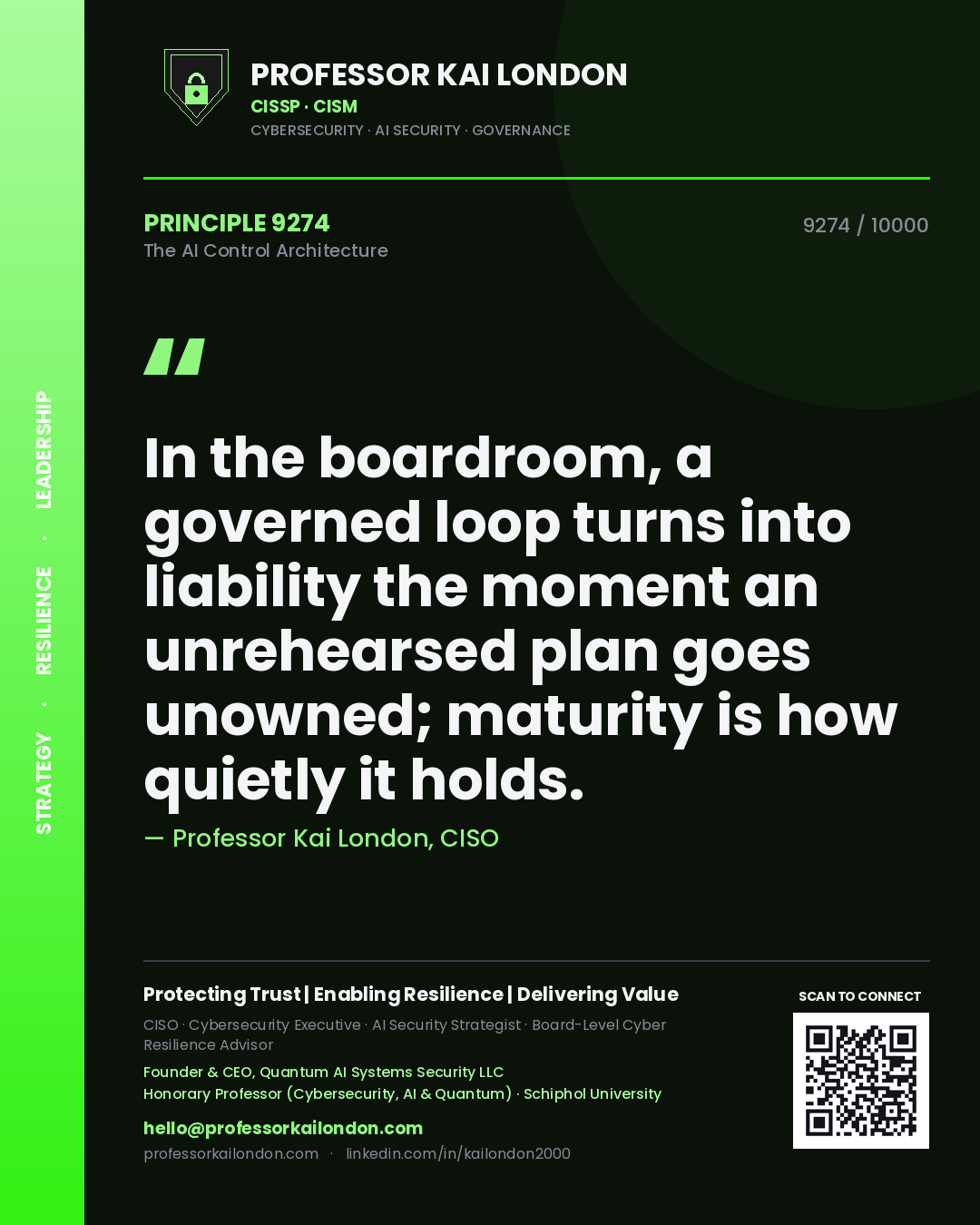 Professor Kai London principle 9274: In the boardroom, a governed loop turns into liability the moment an unrehearsed plan goes unowned; maturity is how quietly it holds.