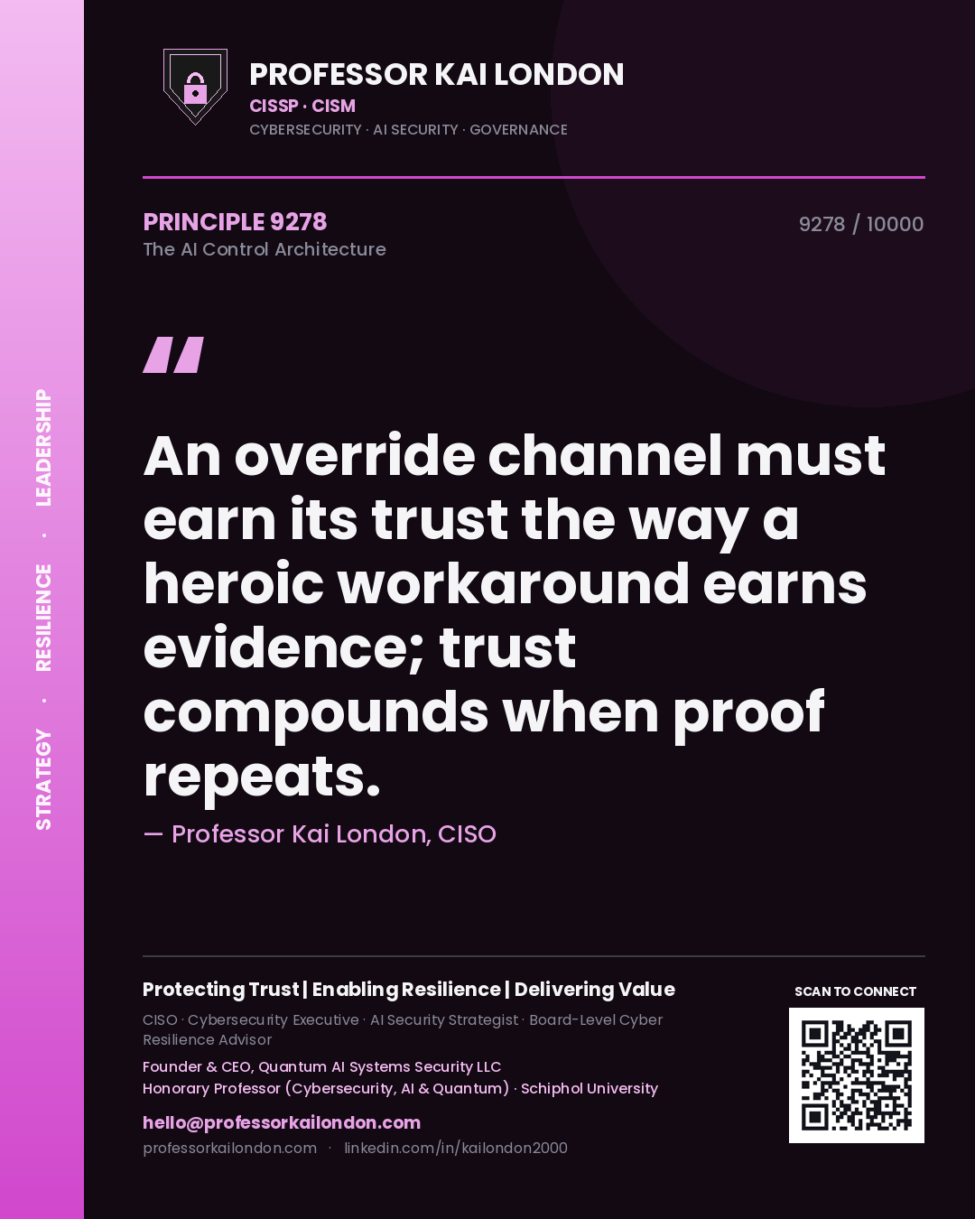 Professor Kai London principle 9278: An override channel must earn its trust the way a heroic workaround earns evidence; trust compounds when proof repeats.
