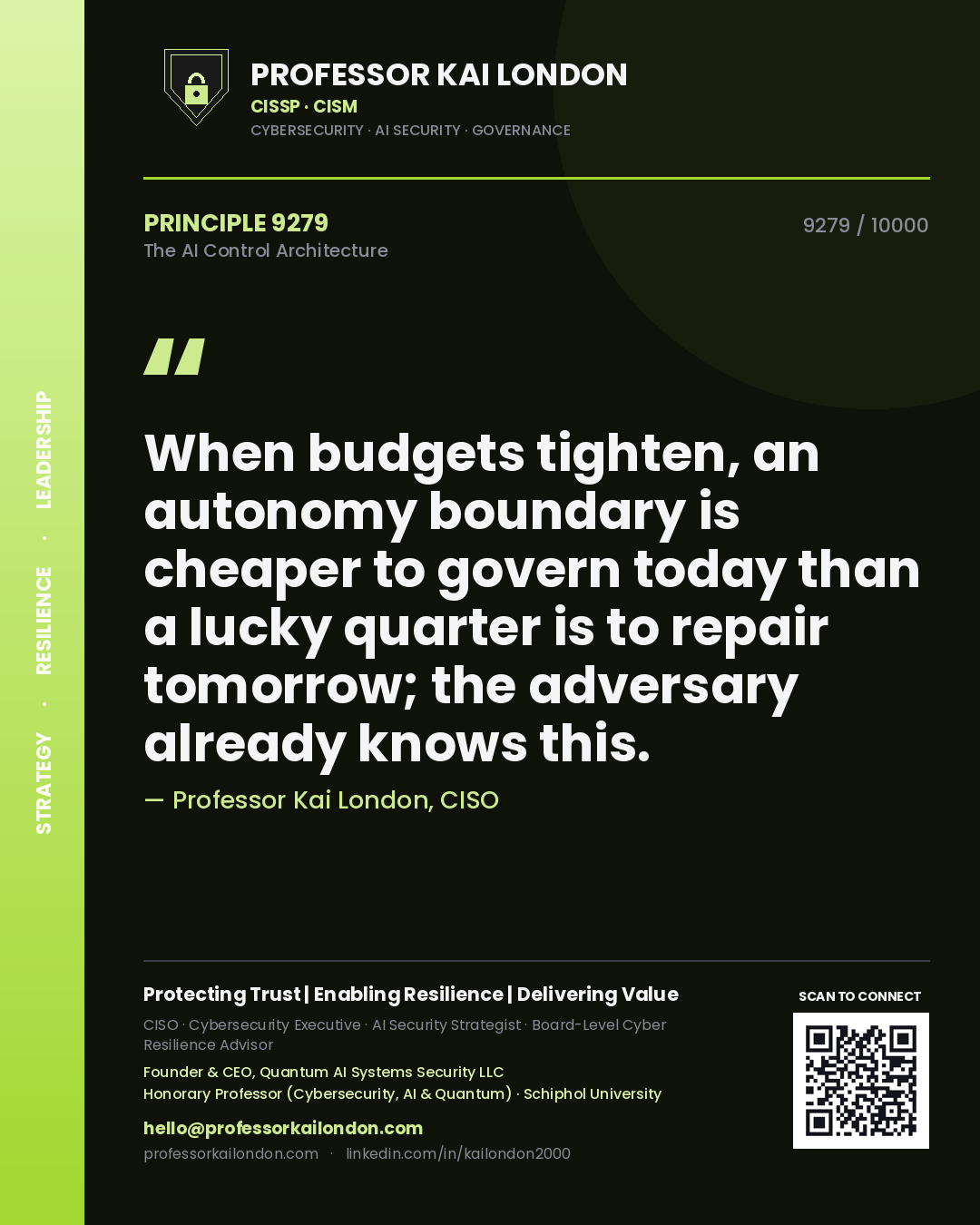 Quote card by Professor Kai London reading 'When budgets tighten, an autonomy boundary is cheaper to govern today than a lucky quarter is to repair tomorrow; the adversary already knows this.'. From the book The AI Control Architecture.