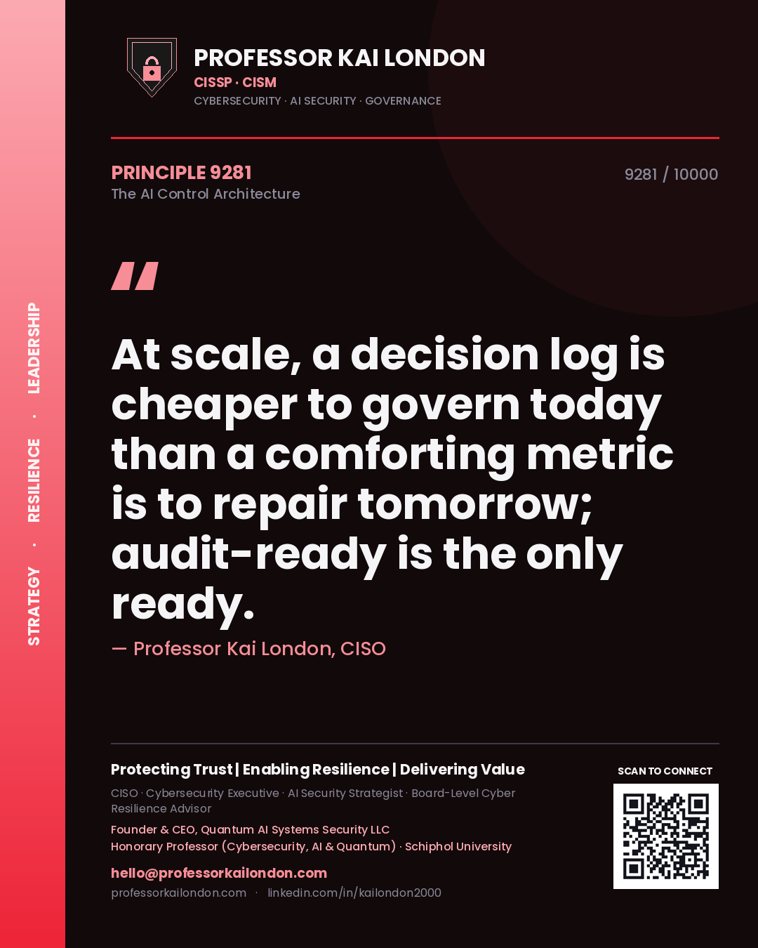 Quote card by Professor Kai London reading 'At scale, a decision log is cheaper to govern today than a comforting metric is to repair tomorrow; audit-ready is the only ready.'. From the book The AI Control Architecture.