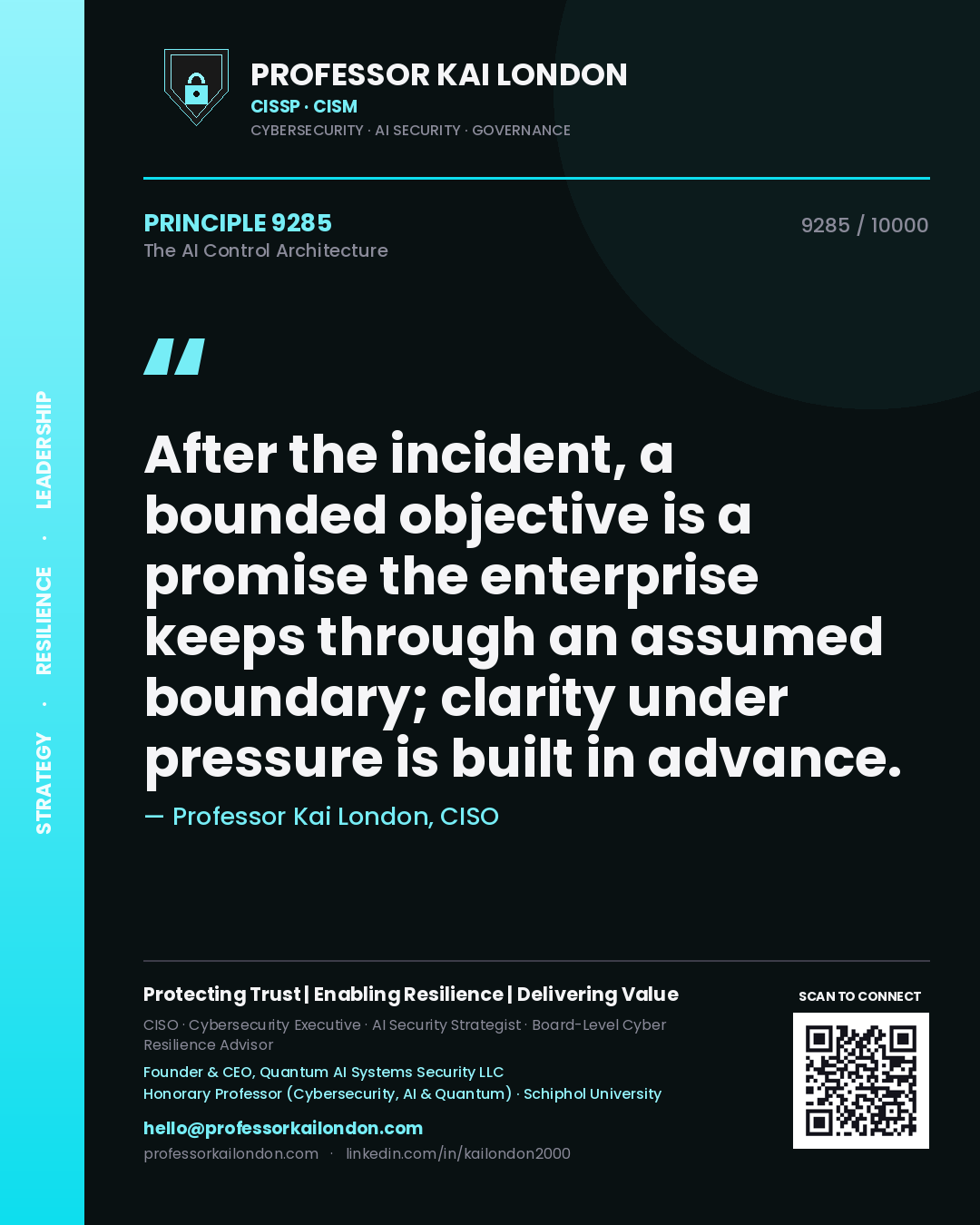 Quote card by Professor Kai London reading 'After the incident, a bounded objective is a promise the enterprise keeps through an assumed boundary; clarity under pressure is built in advance.'. From the book The AI Control Architecture.