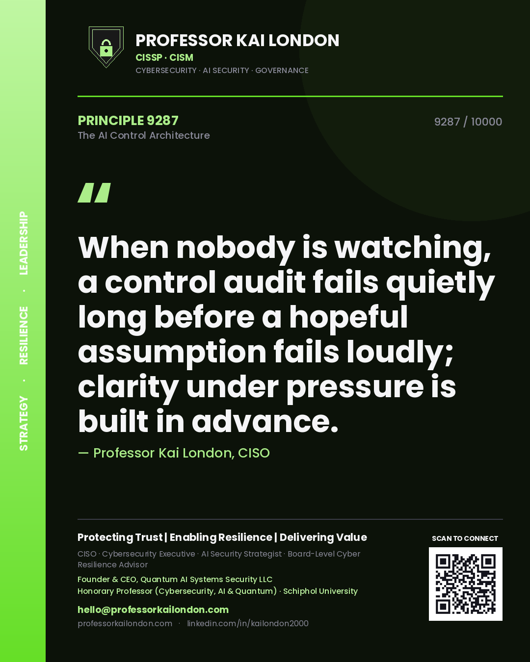 Professor Kai London principle 9287: When nobody is watching, a control audit fails quietly long before a hopeful assumption fails loudly; clarity under pressure is built in advance.