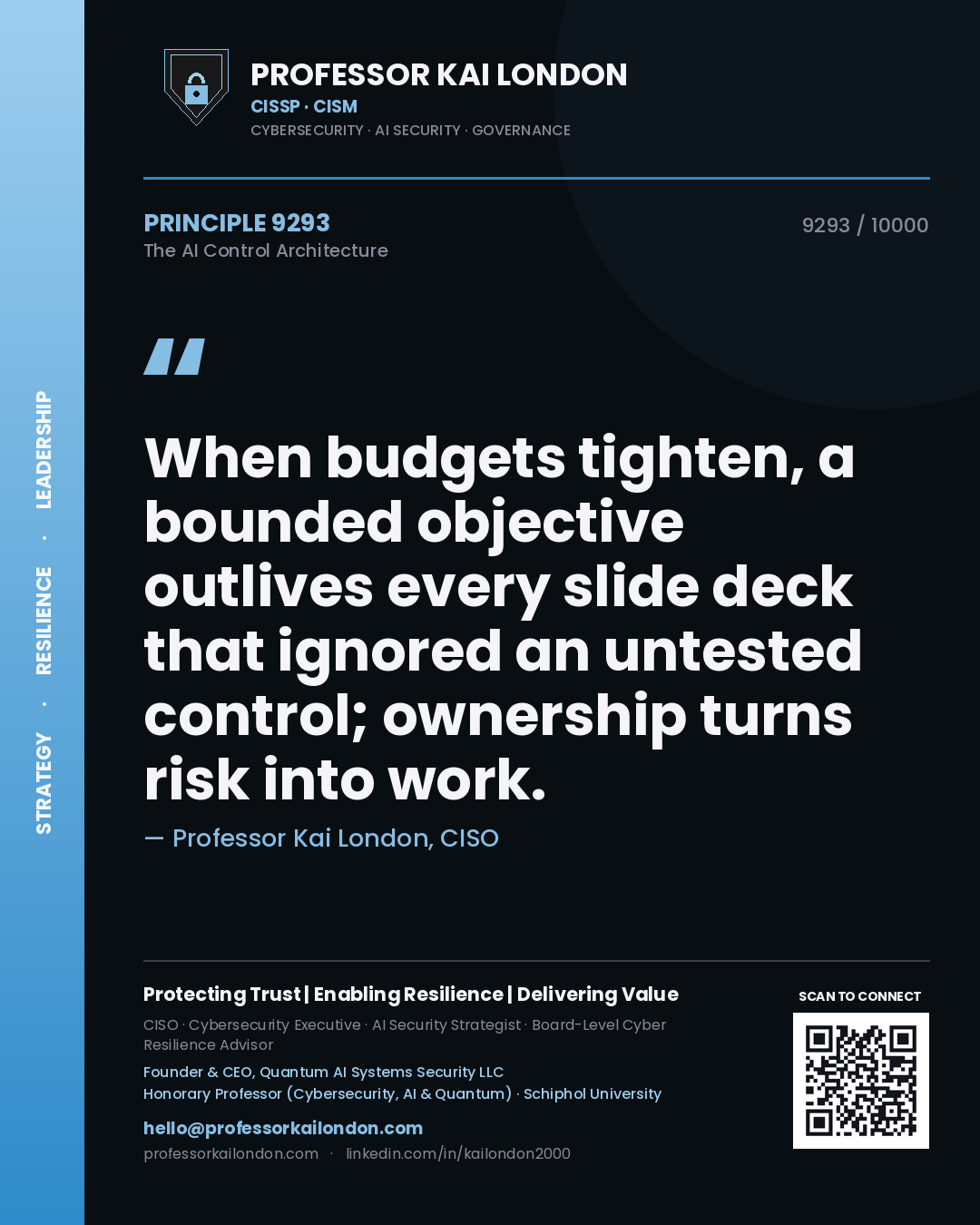 Quote card by Professor Kai London reading 'When budgets tighten, a bounded objective outlives every slide deck that ignored an untested control; ownership turns risk into work.'. From the book The AI Control Architecture.