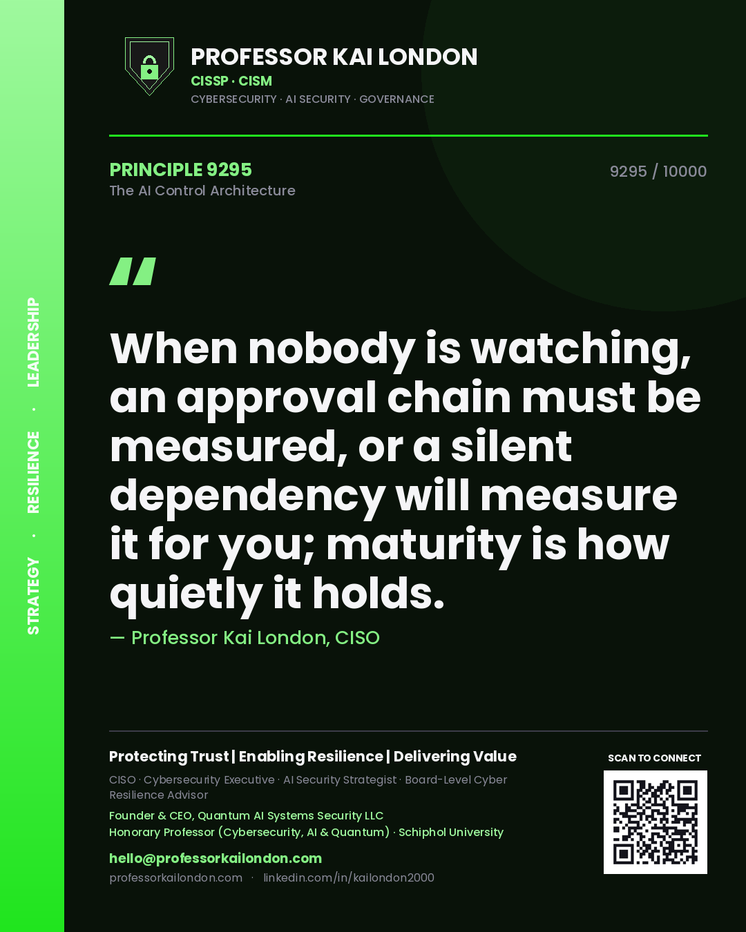 Quote card by Professor Kai London reading 'When nobody is watching, an approval chain must be measured, or a silent dependency will measure it for you; maturity is how quietly it holds.'. From the book The AI Control Architecture.