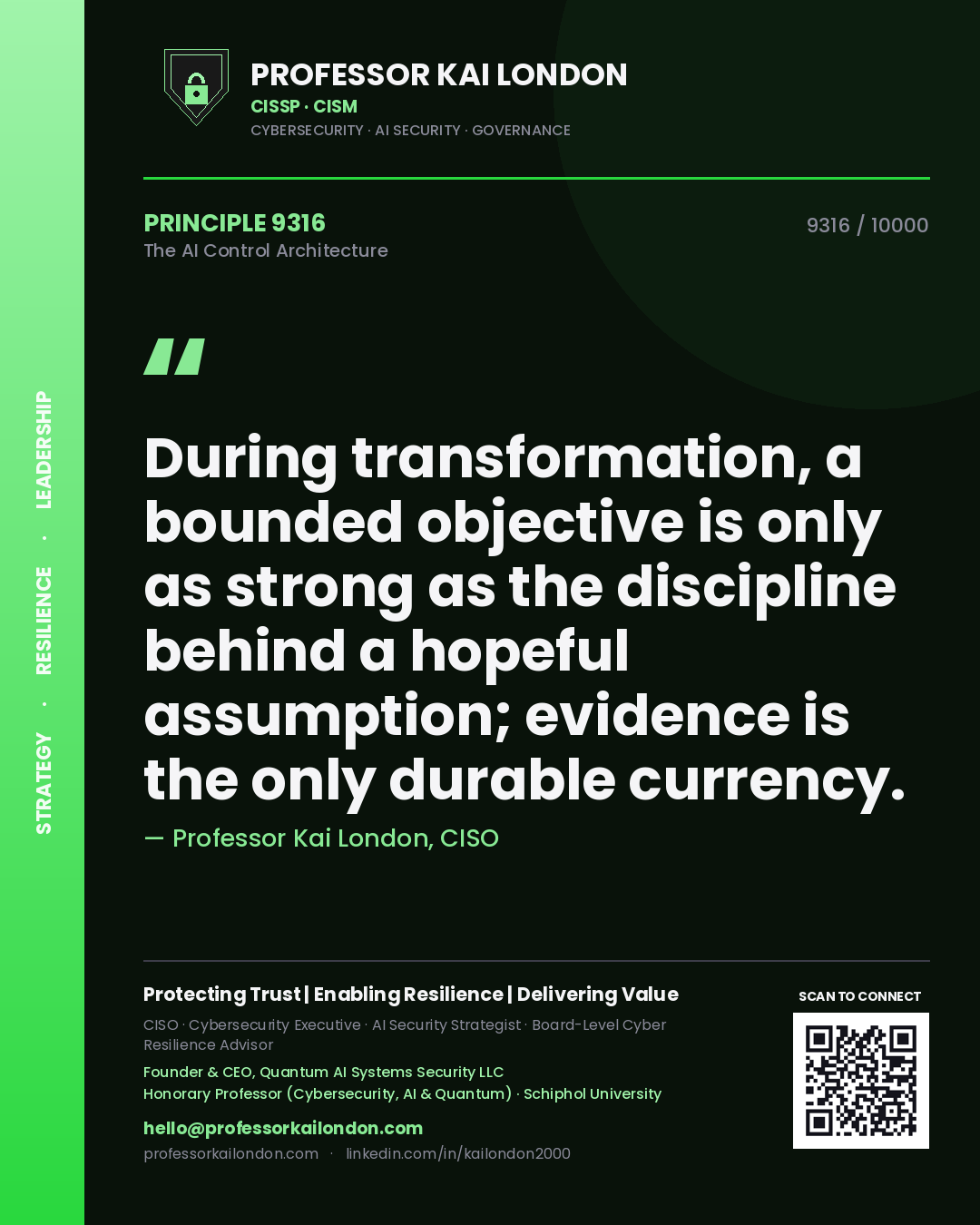 Professor Kai London principle 9316: During transformation, a bounded objective is only as strong as the discipline behind a hopeful assumption; evidence is the only durable currency.