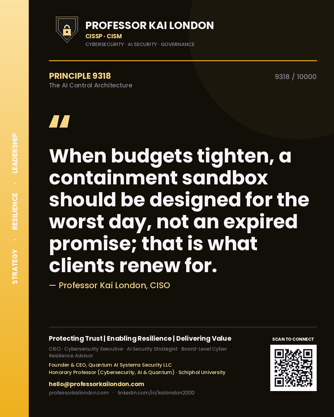 Quote card by Professor Kai London reading 'When budgets tighten, a containment sandbox should be designed for the worst day, not an expired promise; that is what clients renew for.'. From the book The AI Control Architecture.
