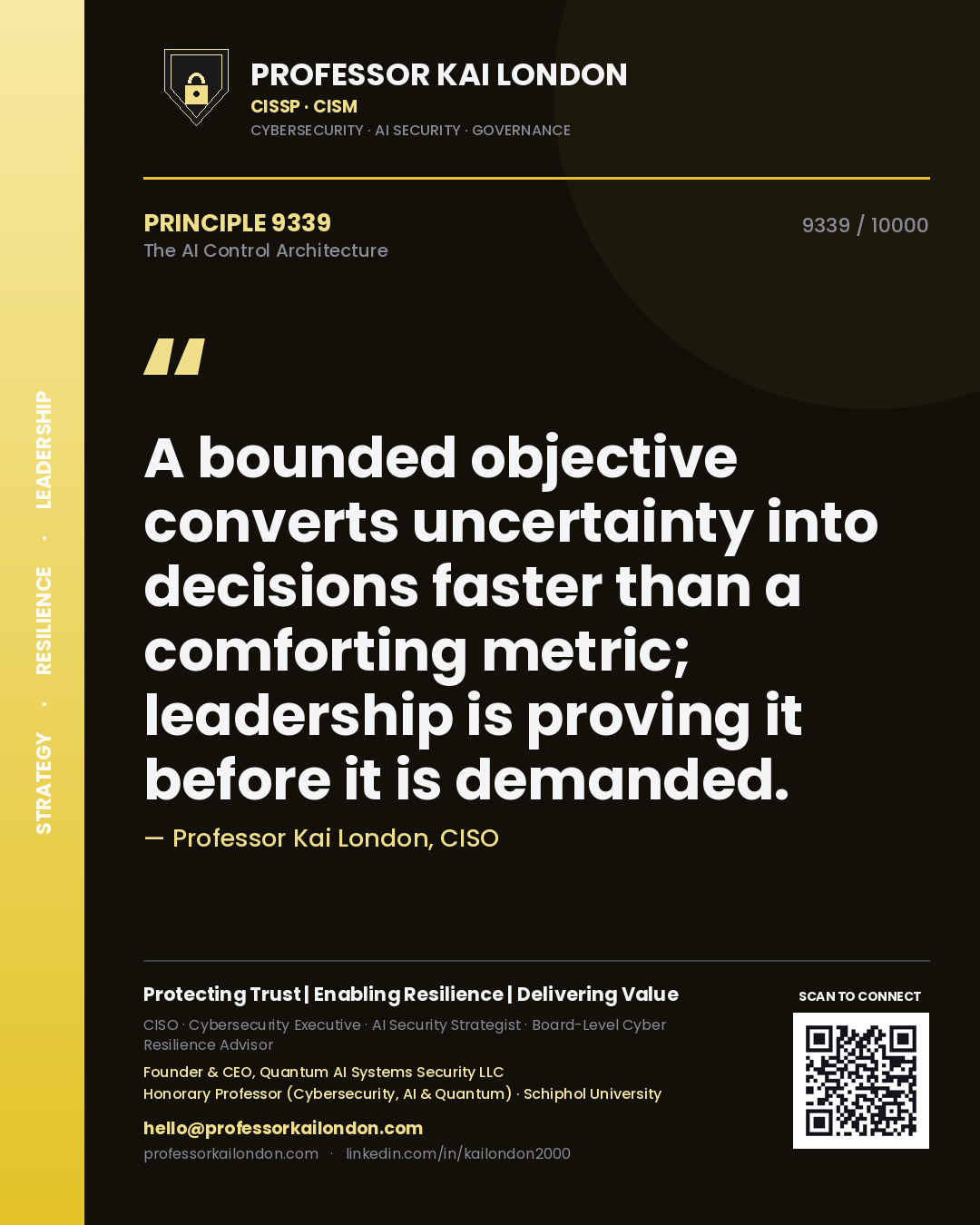 Quote card by Professor Kai London reading 'A bounded objective converts uncertainty into decisions faster than a comforting metric; leadership is proving it before it is demanded.'. From the book The AI Control Architecture.