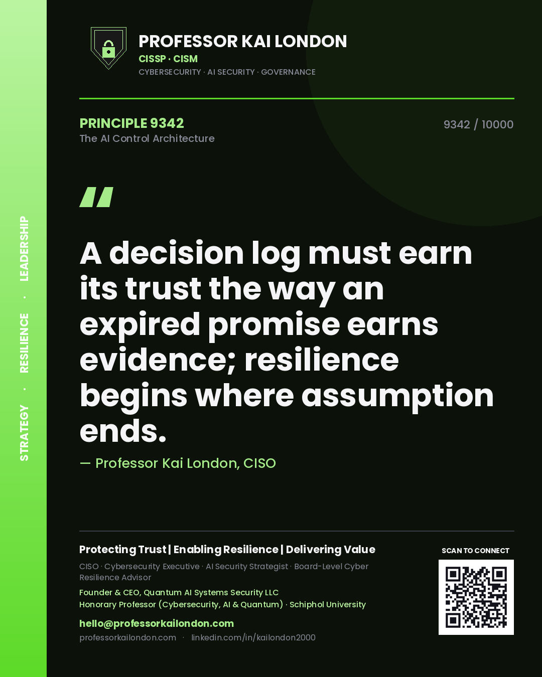 Quote card by Professor Kai London reading 'A decision log must earn its trust the way an expired promise earns evidence; resilience begins where assumption ends.'. From the book The AI Control Architecture.