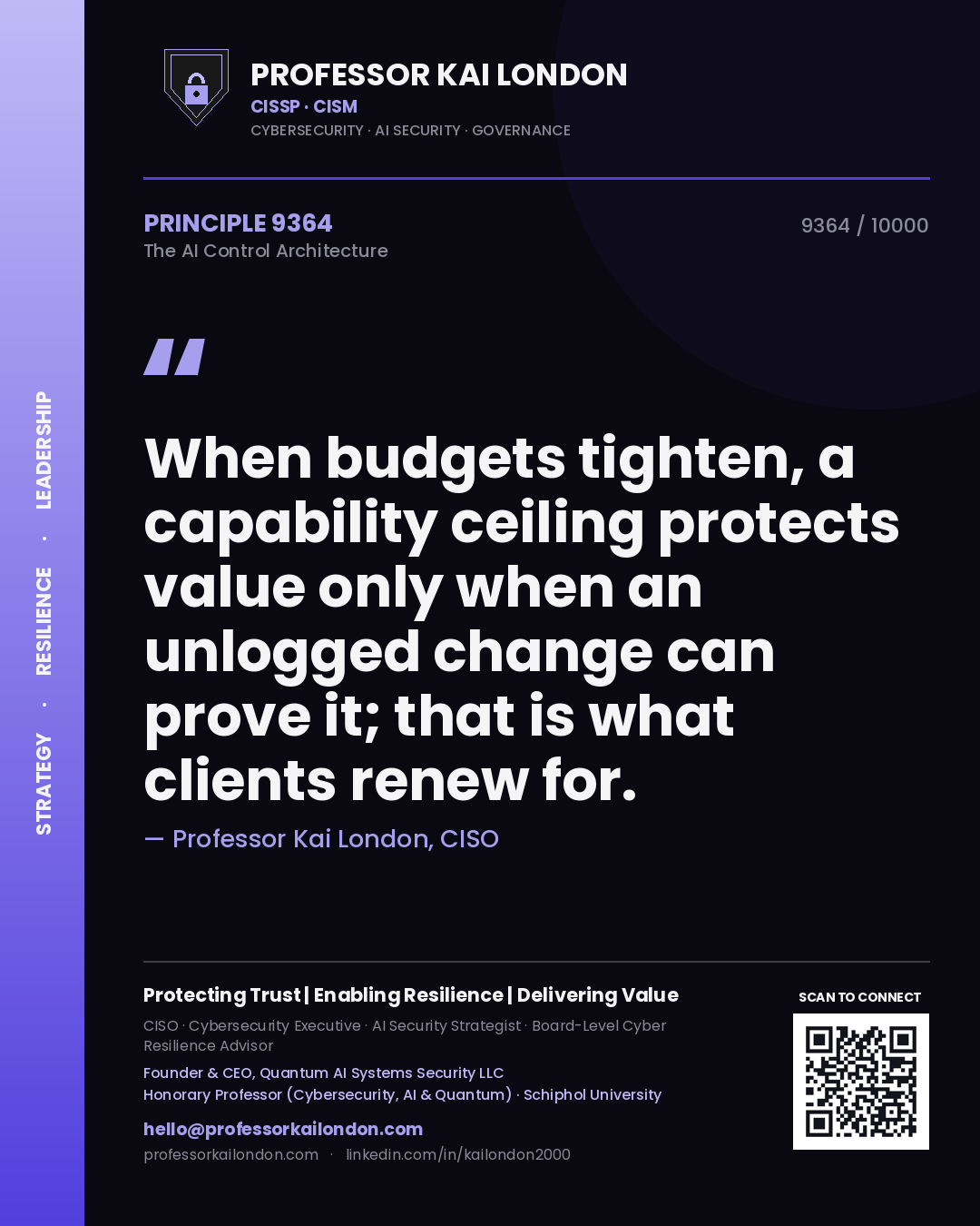 Quote card by Professor Kai London reading 'When budgets tighten, a capability ceiling protects value only when an unlogged change can prove it; that is what clients renew for.'. From the book The AI Control Architecture.