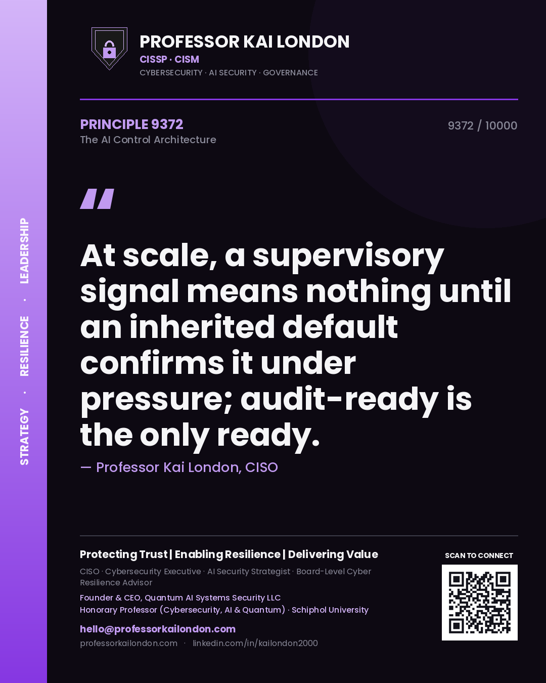 Quote card by Professor Kai London reading 'At scale, a supervisory signal means nothing until an inherited default confirms it under pressure; audit-ready is the only ready.'. From the book The AI Control Architecture.