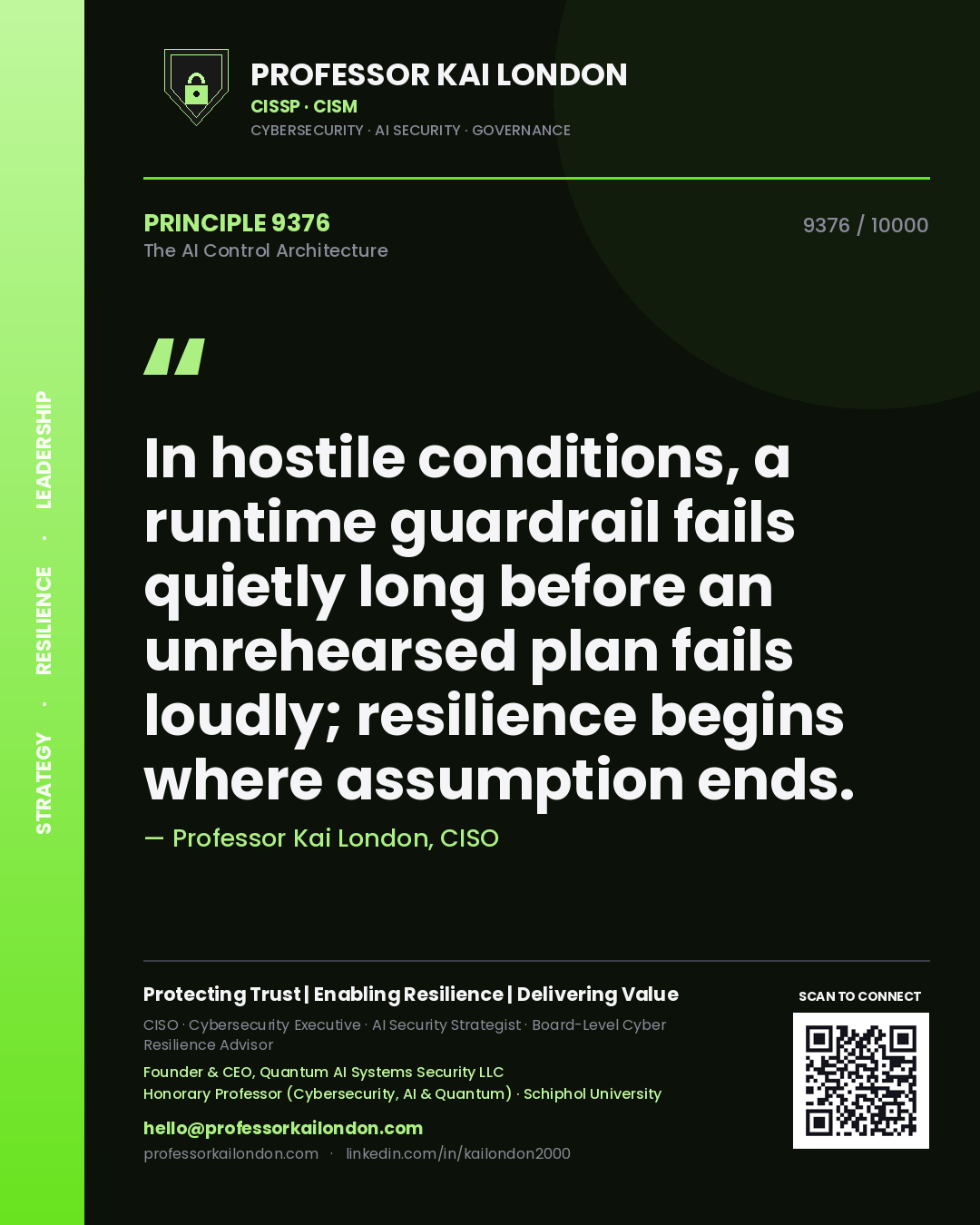 Quote card by Professor Kai London reading 'In hostile conditions, a runtime guardrail fails quietly long before an unrehearsed plan fails loudly; resilience begins where assumption ends.'. From the book The AI Control Architecture.