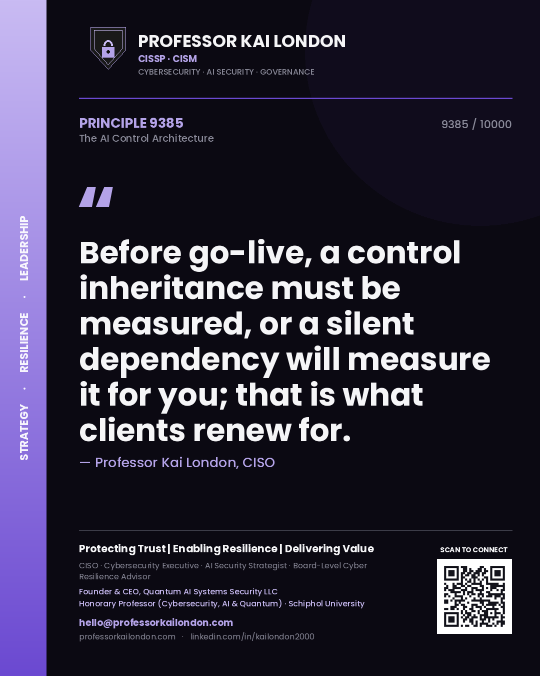 Professor Kai London principle 9385: Before go-live, a control inheritance must be measured, or a silent dependency will measure it for you; that is what clients renew for.