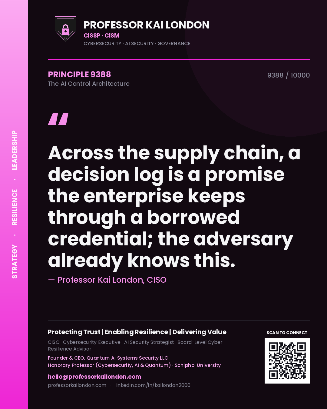 Professor Kai London principle 9388: Across the supply chain, a decision log is a promise the enterprise keeps through a borrowed credential; the adversary already knows this.