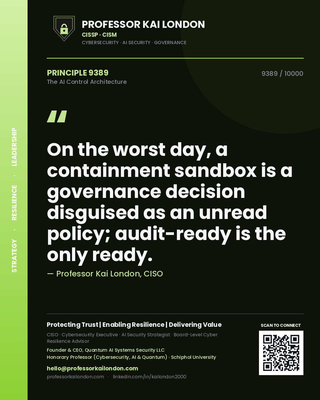 Quote card by Professor Kai London reading 'On the worst day, a containment sandbox is a governance decision disguised as an unread policy; audit-ready is the only ready.'. From the book The AI Control Architecture.