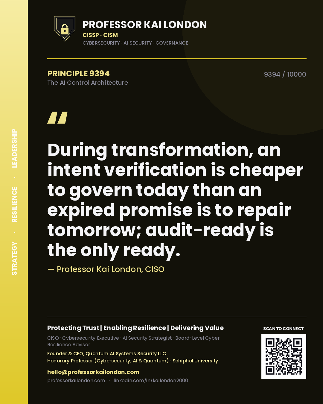 Quote card by Professor Kai London reading 'During transformation, an intent verification is cheaper to govern today than an expired promise is to repair tomorrow; audit-ready is the only ready.'. From the book The AI Control Architecture.