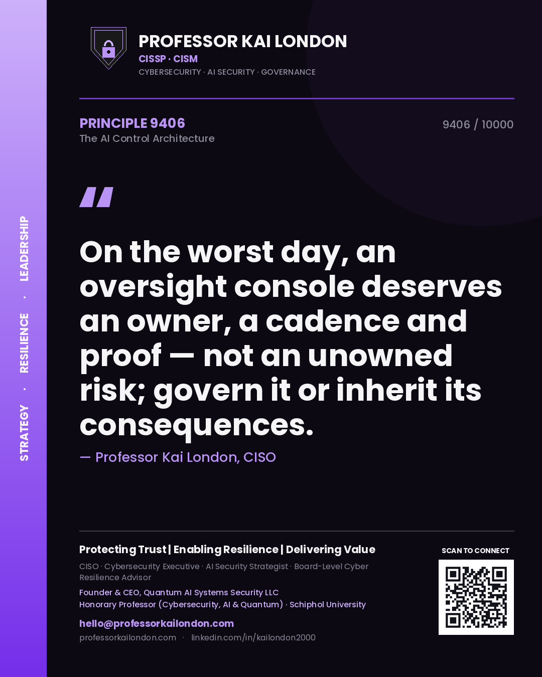 Professor Kai London principle 9406: On the worst day, an oversight console deserves an owner, a cadence and proof — not an unowned risk; govern it or inherit its consequences.
