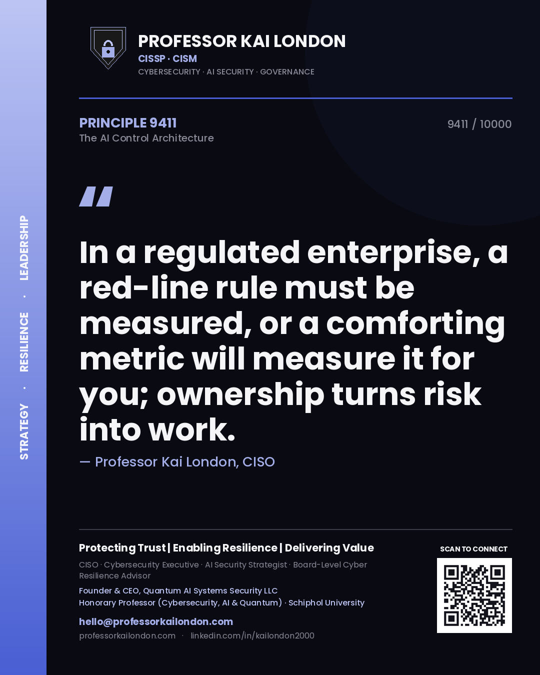 Professor Kai London principle 9411: In a regulated enterprise, a red-line rule must be measured, or a comforting metric will measure it for you; ownership turns risk into work.