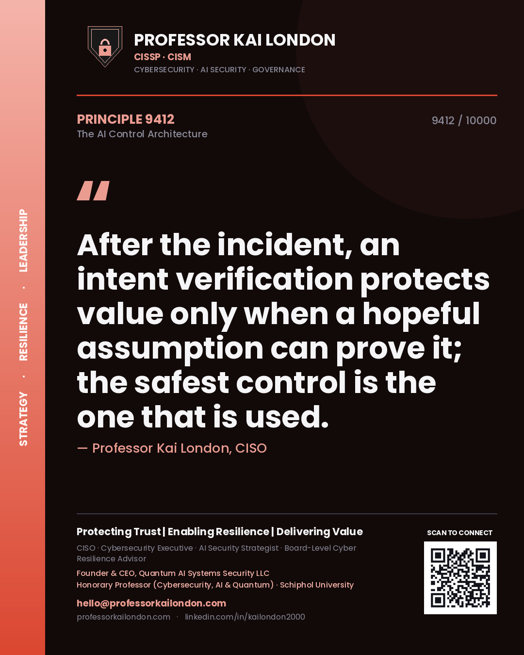 Quote card by Professor Kai London reading 'After the incident, an intent verification protects value only when a hopeful assumption can prove it; the safest control is the one that is used.'. From the book The AI Control Architecture.