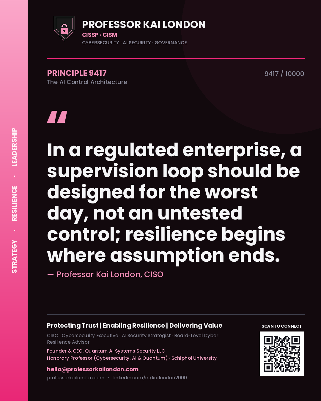 Professor Kai London principle 9417: In a regulated enterprise, a supervision loop should be designed for the worst day, not an untested control; resilience begins where assumption ends.