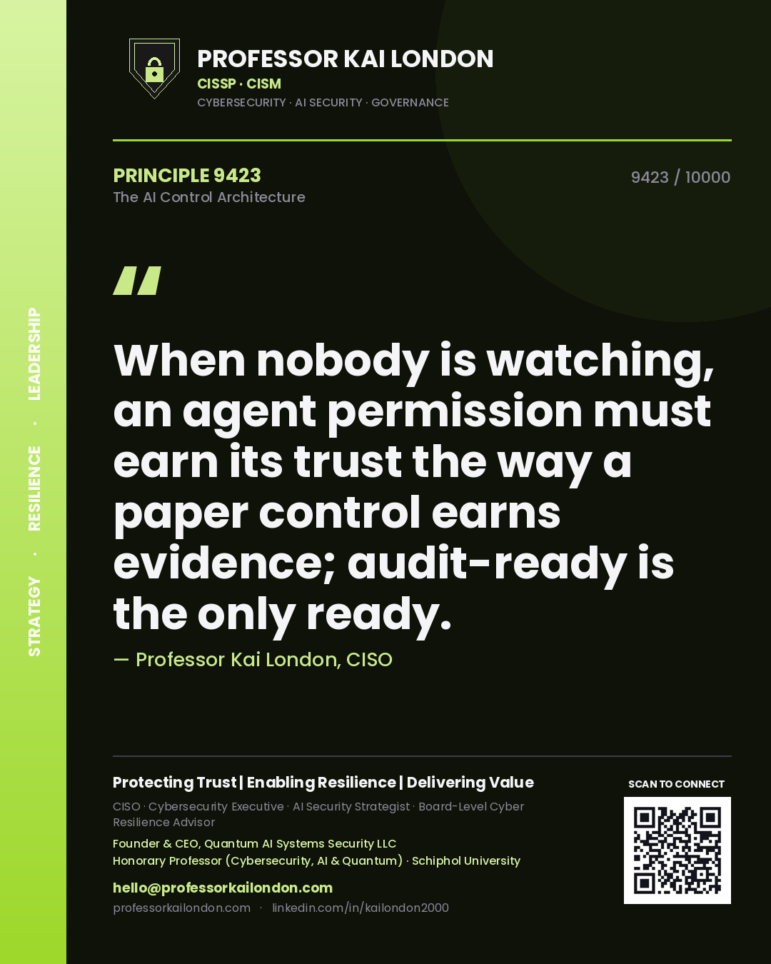 Quote card by Professor Kai London reading 'When nobody is watching, an agent permission must earn its trust the way a paper control earns evidence; audit-ready is the only ready.'. From the book The AI Control Architecture.