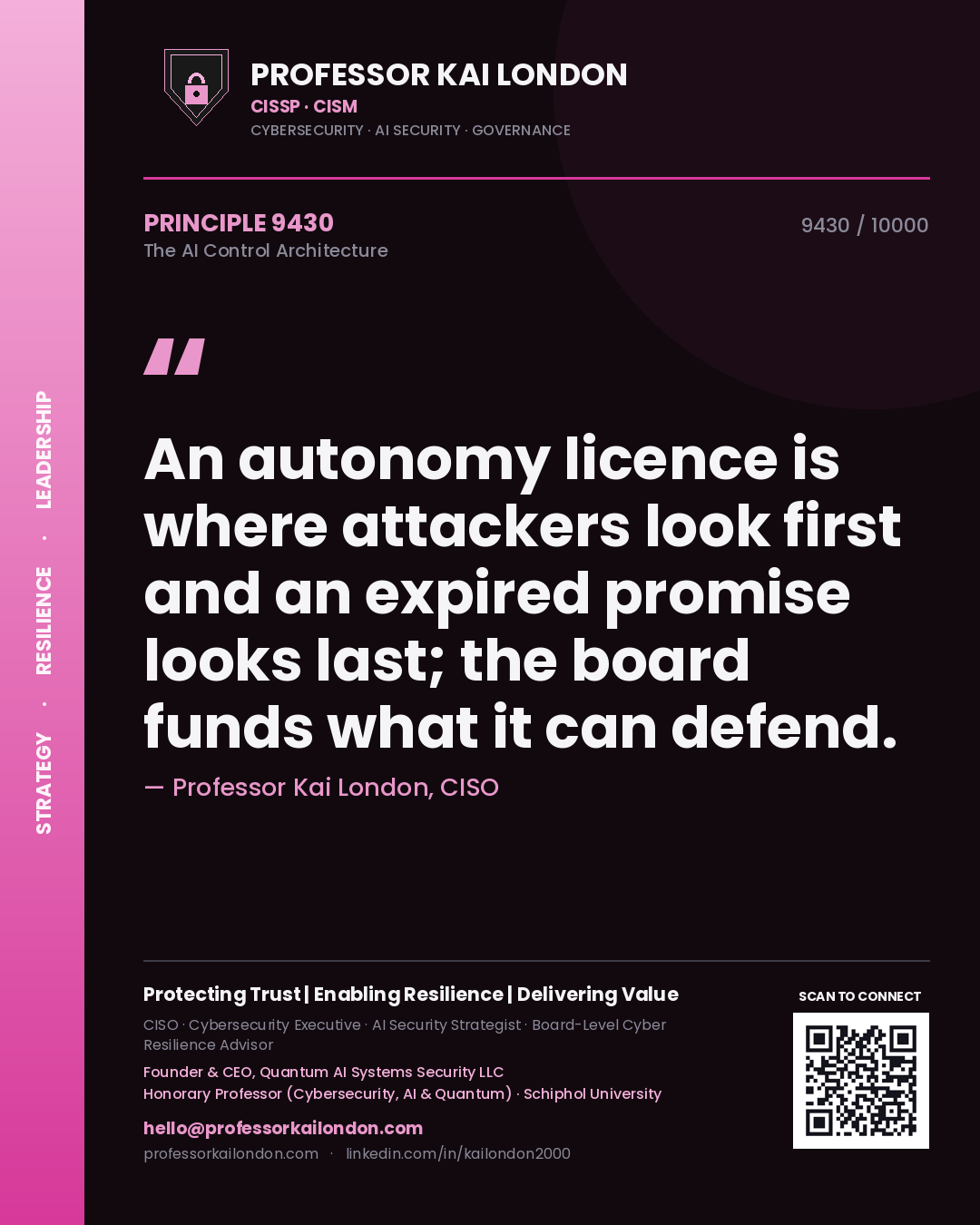 Professor Kai London principle 9430: An autonomy licence is where attackers look first and an expired promise looks last; the board funds what it can defend.