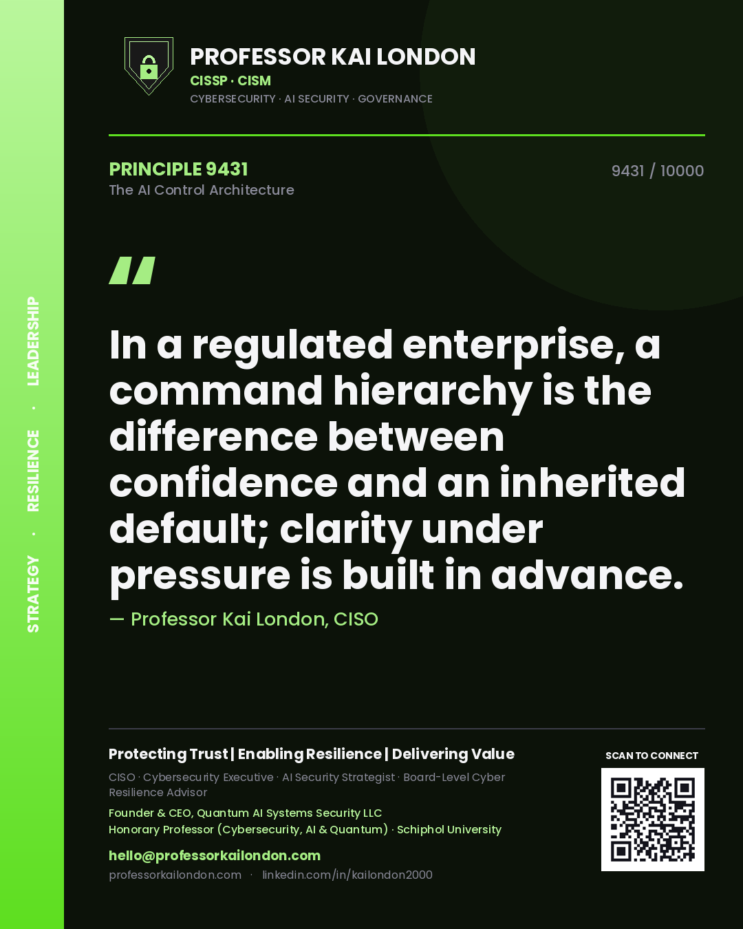 Quote card by Professor Kai London reading 'In a regulated enterprise, a command hierarchy is the difference between confidence and an inherited default; clarity under pressure is built in advance.'. From the book The AI Control Architecture.