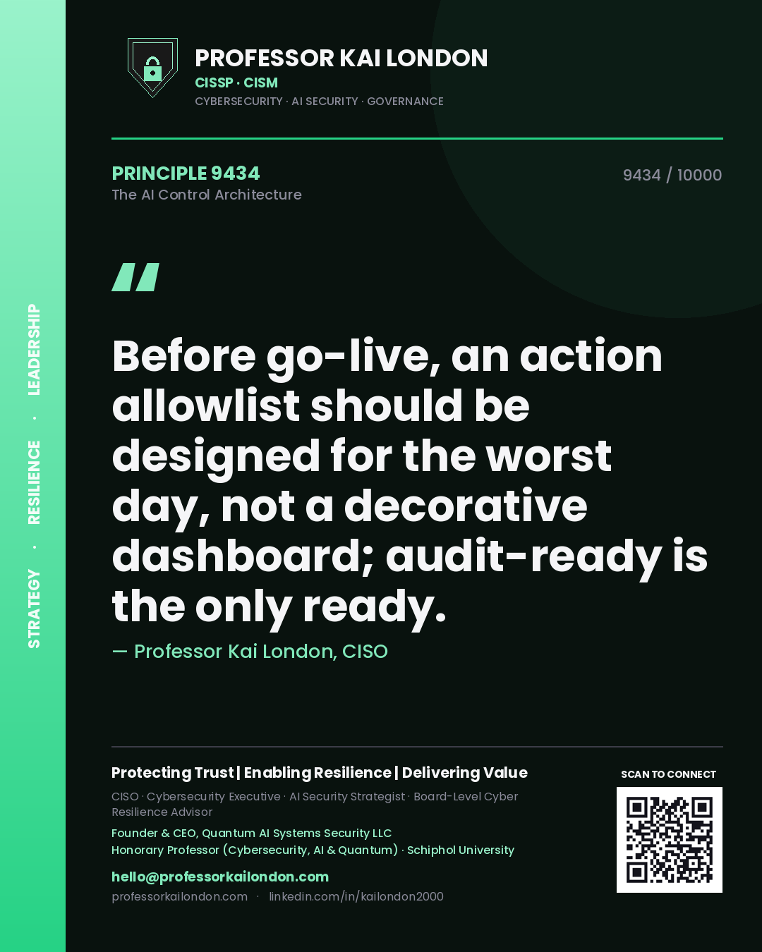 Quote card by Professor Kai London reading 'Before go-live, an action allowlist should be designed for the worst day, not a decorative dashboard; audit-ready is the only ready.'. From the book The AI Control Architecture.