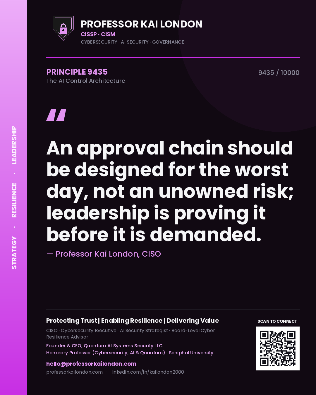 Quote card by Professor Kai London reading 'An approval chain should be designed for the worst day, not an unowned risk; leadership is proving it before it is demanded.'. From the book The AI Control Architecture.