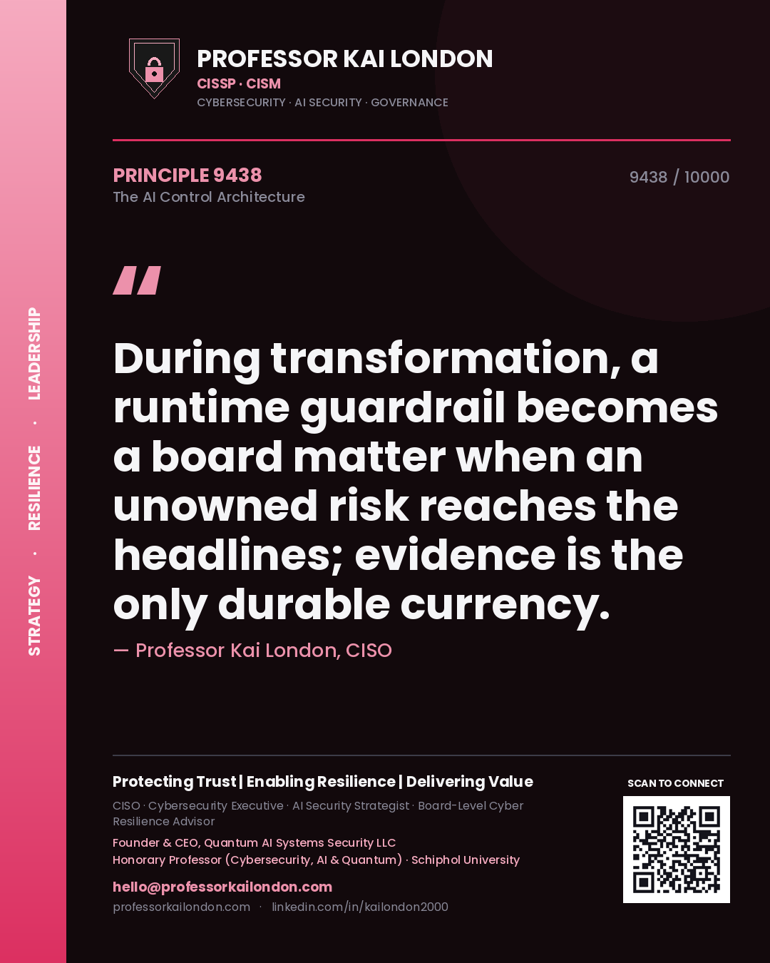 Quote card by Professor Kai London reading 'During transformation, a runtime guardrail becomes a board matter when an unowned risk reaches the headlines; evidence is the only durable currency.'. From the book The AI Control Architecture.