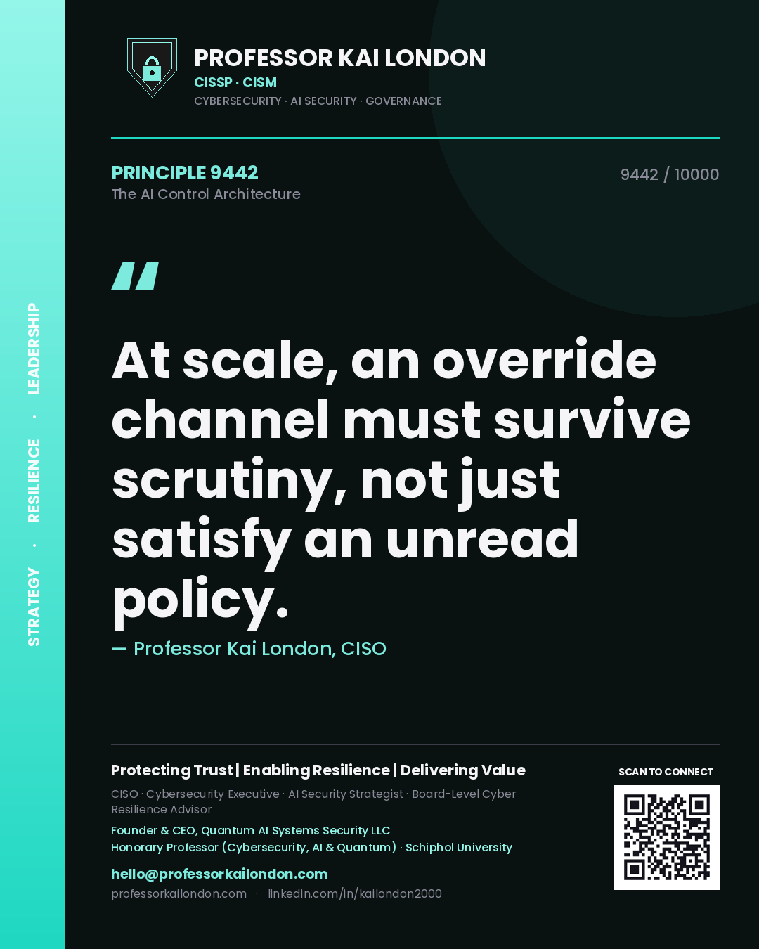 Quote card by Professor Kai London reading 'At scale, an override channel must survive scrutiny, not just satisfy an unread policy.'. From the book The AI Control Architecture.