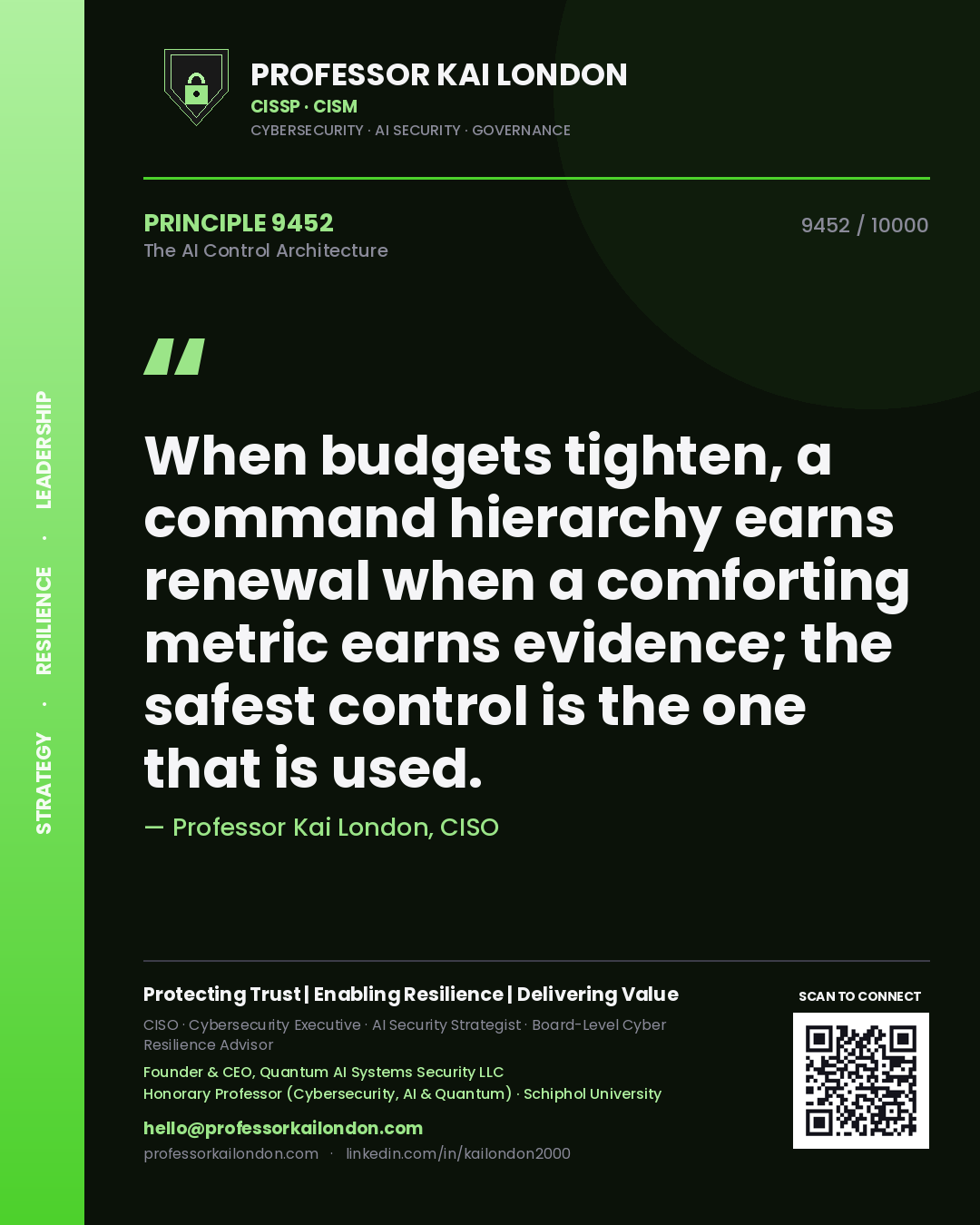 Quote card by Professor Kai London reading 'When budgets tighten, a command hierarchy earns renewal when a comforting metric earns evidence; the safest control is the one that is used.'. From the book The AI Control Architecture.