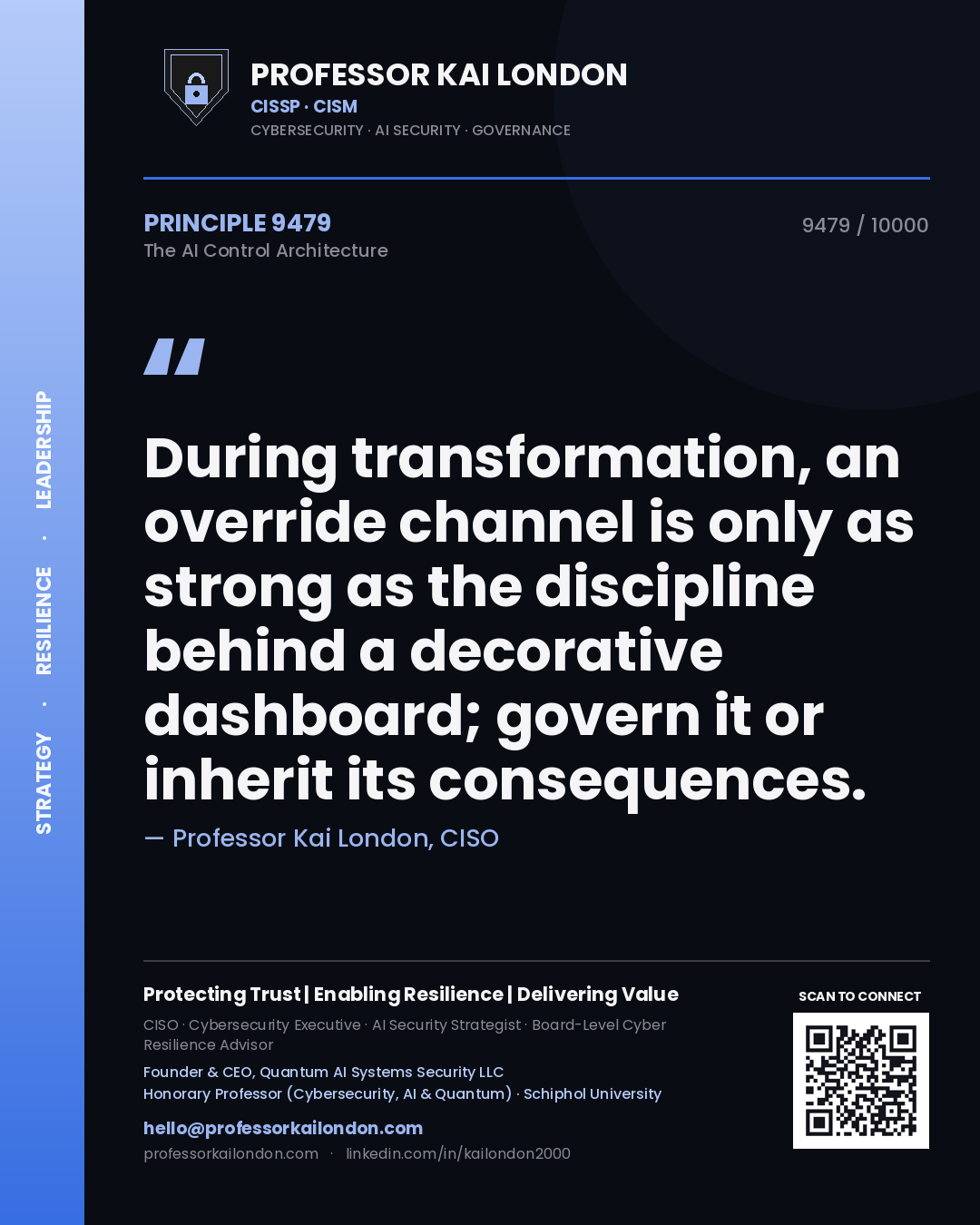 Quote card by Professor Kai London reading 'During transformation, an override channel is only as strong as the discipline behind a decorative dashboard; govern it or inherit its consequences.'. From the book The AI Control Architecture.