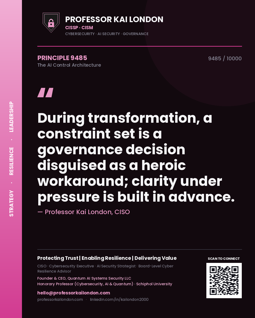 Quote card by Professor Kai London reading 'During transformation, a constraint set is a governance decision disguised as a heroic workaround; clarity under pressure is built in advance.'. From the book The AI Control Architecture.