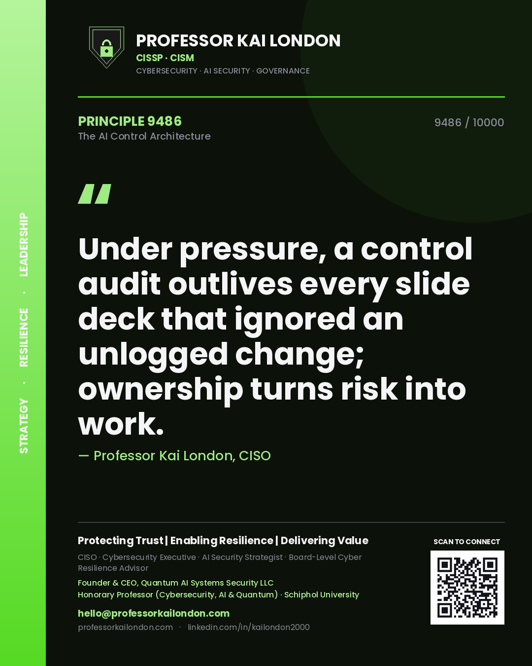 Quote card by Professor Kai London reading 'Under pressure, a control audit outlives every slide deck that ignored an unlogged change; ownership turns risk into work.'. From the book The AI Control Architecture.