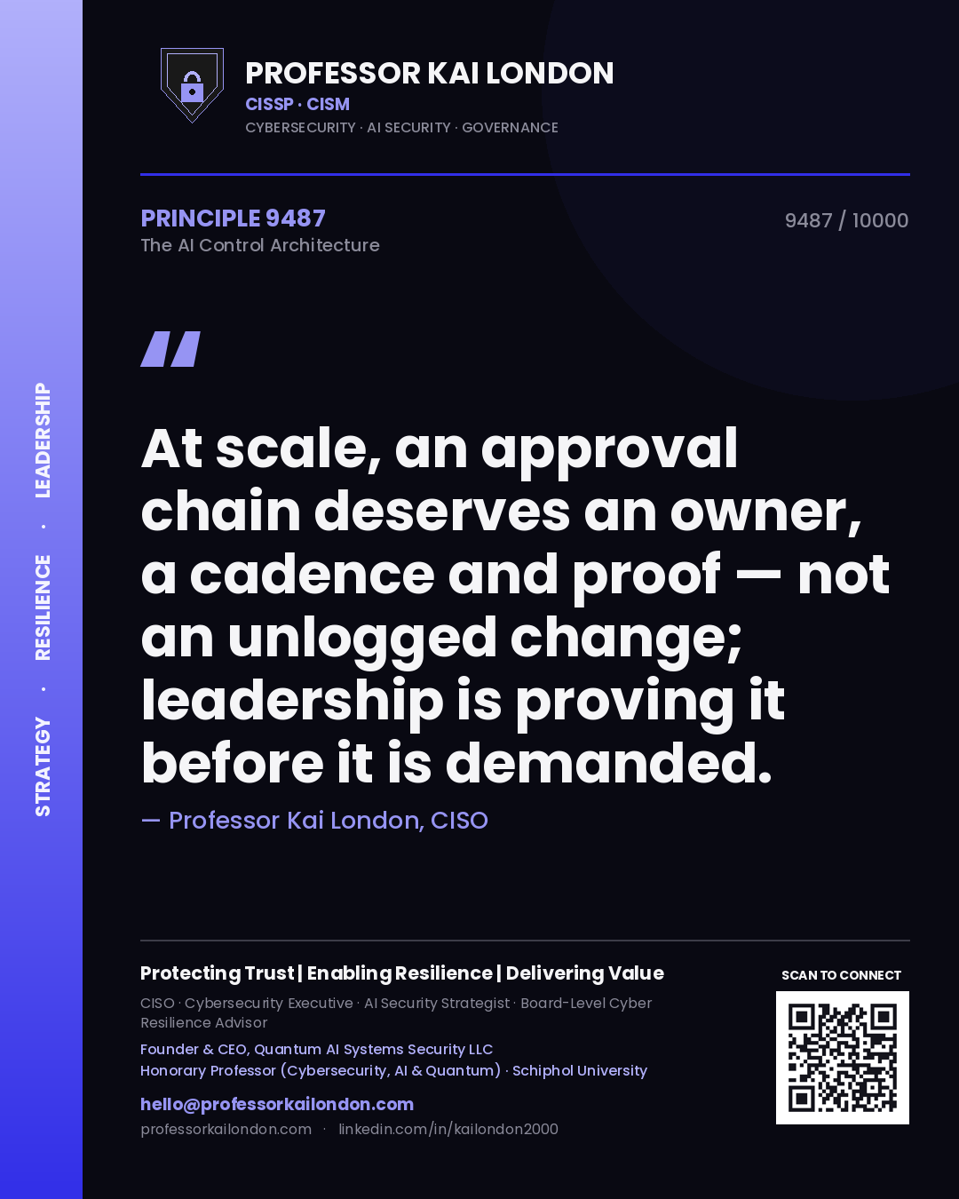 Quote card by Professor Kai London reading 'At scale, an approval chain deserves an owner, a cadence and proof — not an unlogged change; leadership is proving it before it is demanded.'. From the book The AI Control Architecture.