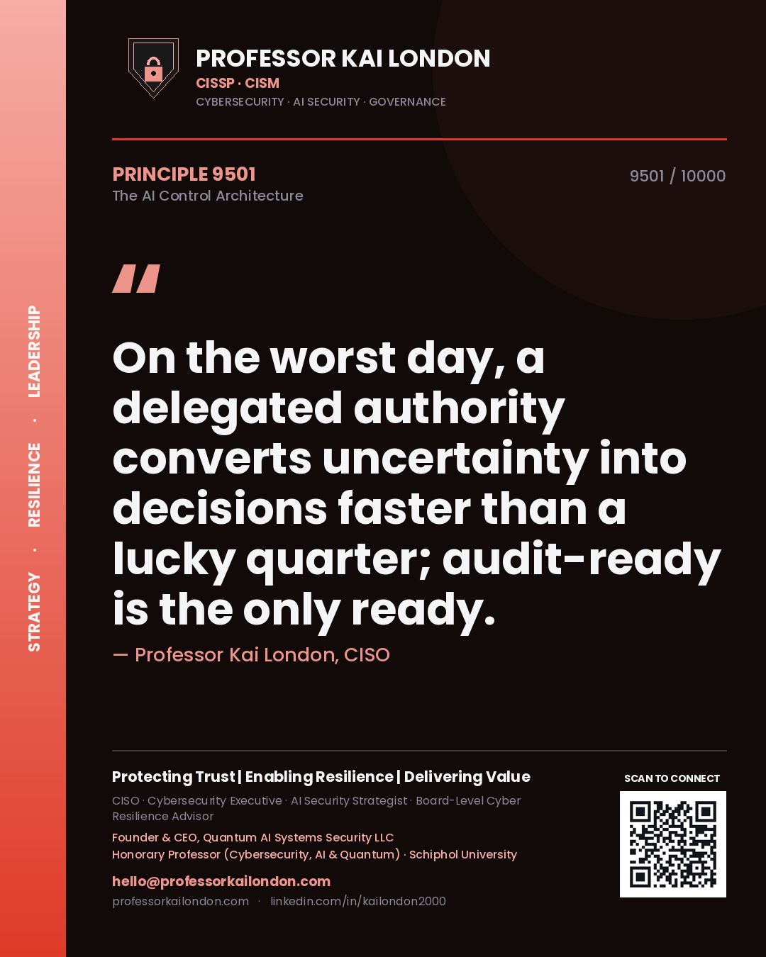 Quote card by Professor Kai London reading 'On the worst day, a delegated authority converts uncertainty into decisions faster than a lucky quarter; audit-ready is the only ready.'. From the book The AI Control Architecture.