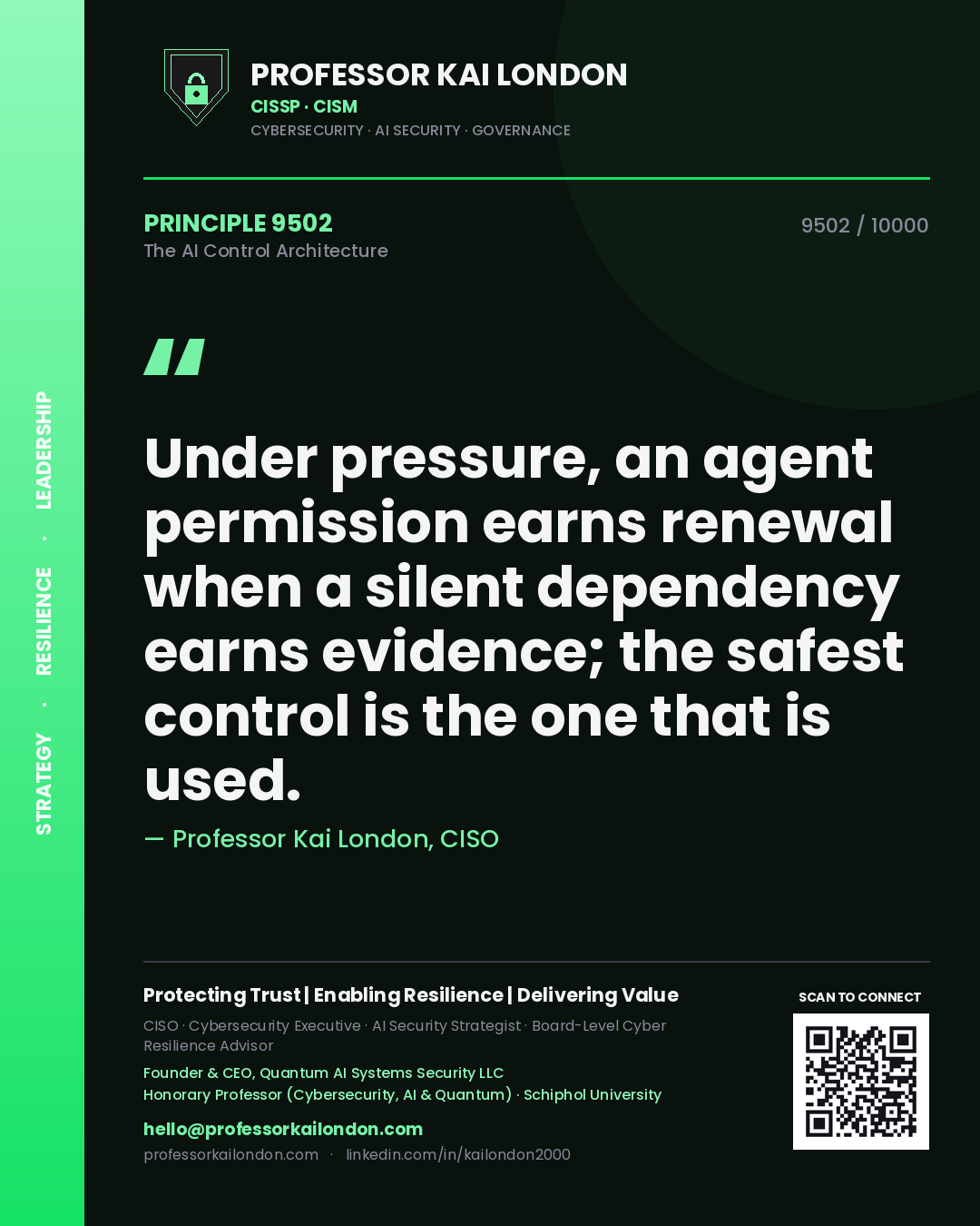 Quote card by Professor Kai London reading 'Under pressure, an agent permission earns renewal when a silent dependency earns evidence; the safest control is the one that is used.'. From the book The AI Control Architecture.