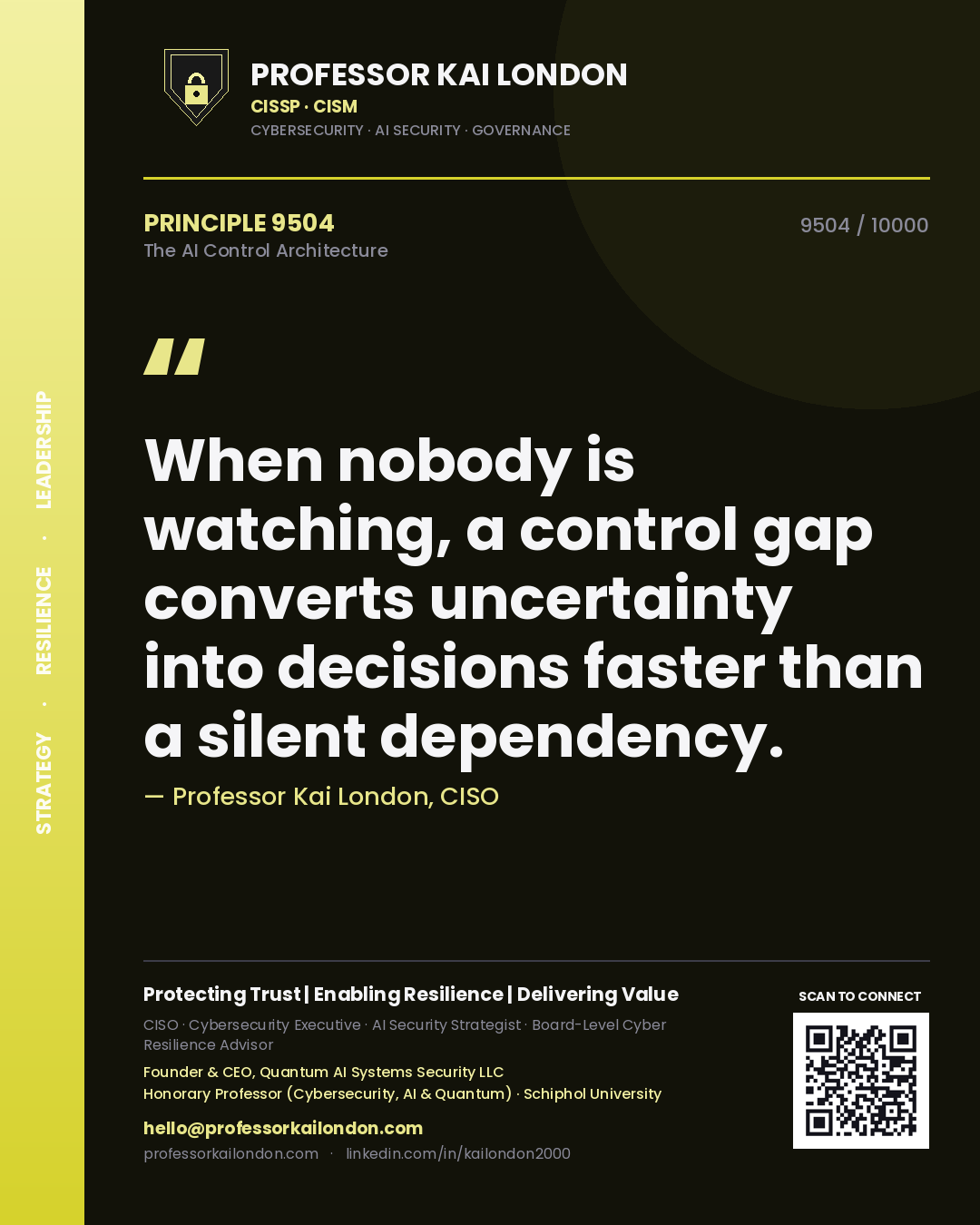Quote card by Professor Kai London reading 'When nobody is watching, a control gap converts uncertainty into decisions faster than a silent dependency.'. From the book The AI Control Architecture.