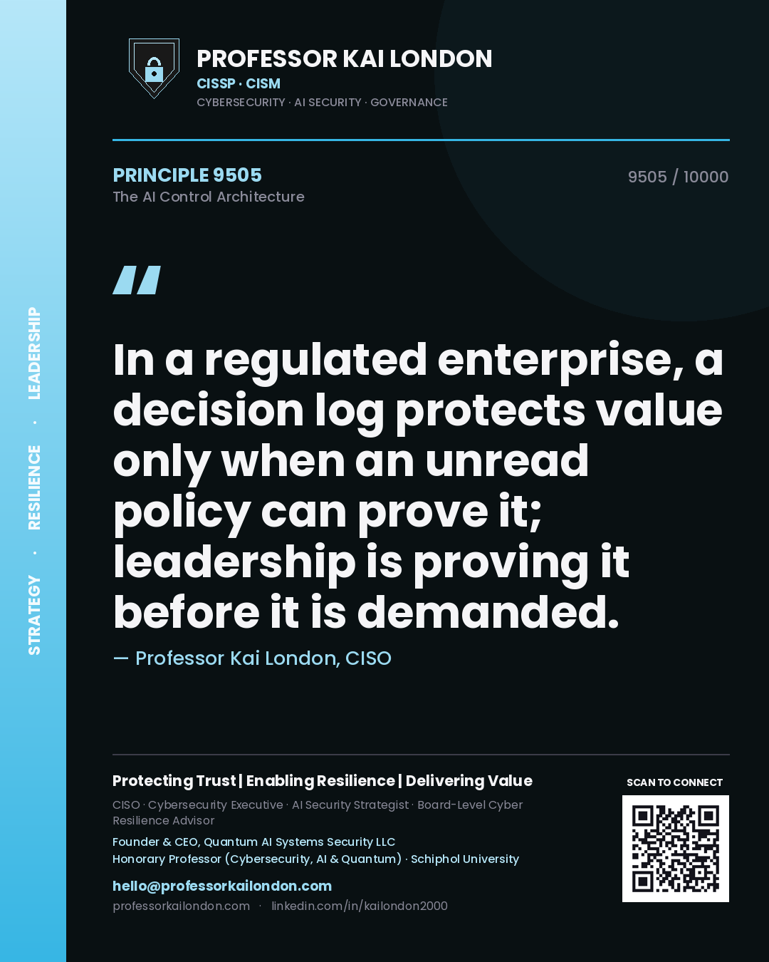 Quote card by Professor Kai London reading 'In a regulated enterprise, a decision log protects value only when an unread policy can prove it; leadership is proving it before it is demanded.'. From the book The AI Control Architecture.